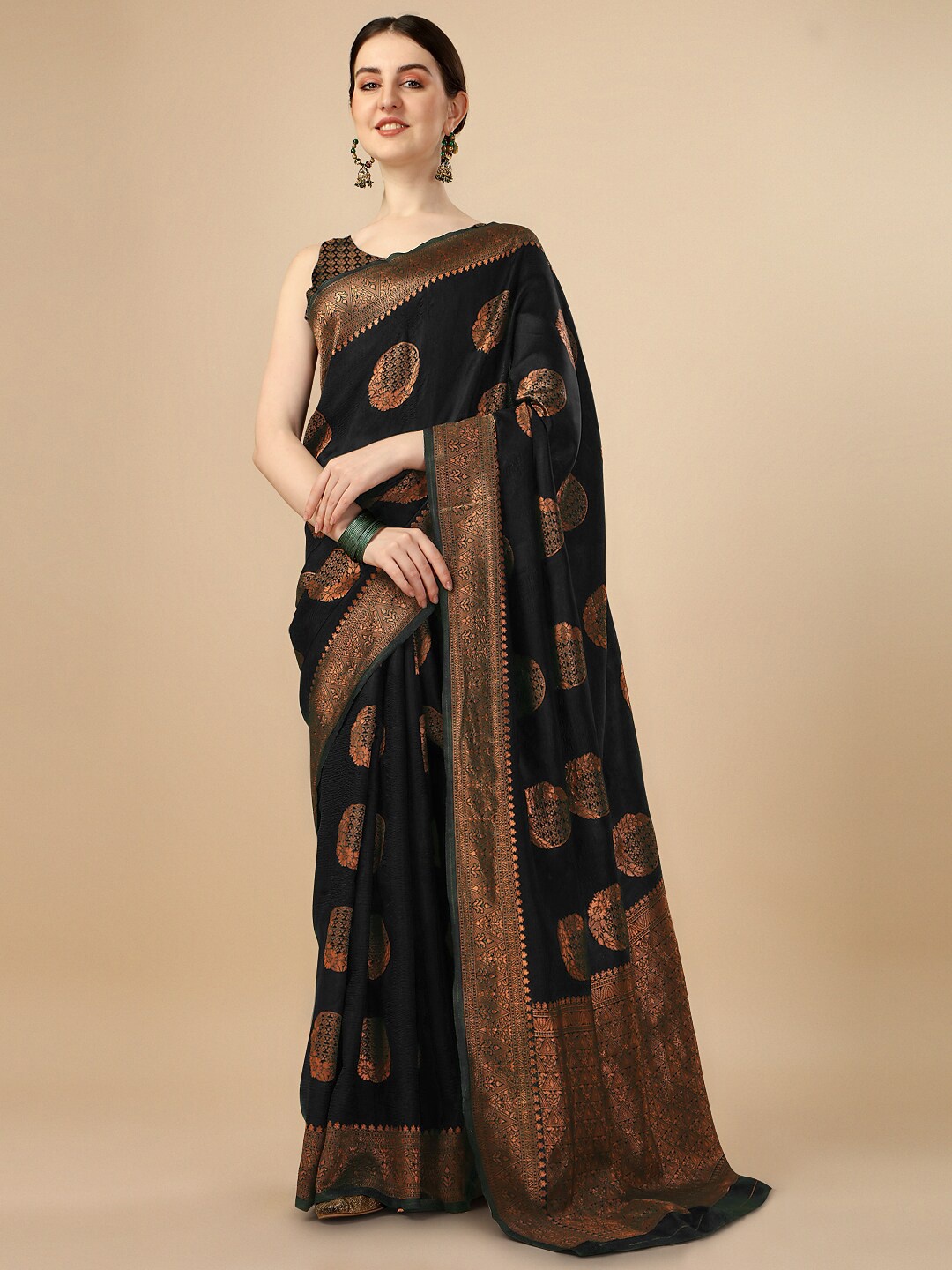 

SHIJILA Ethnic Motifs Woven Design Zari Kanjeevaram Saree, Black