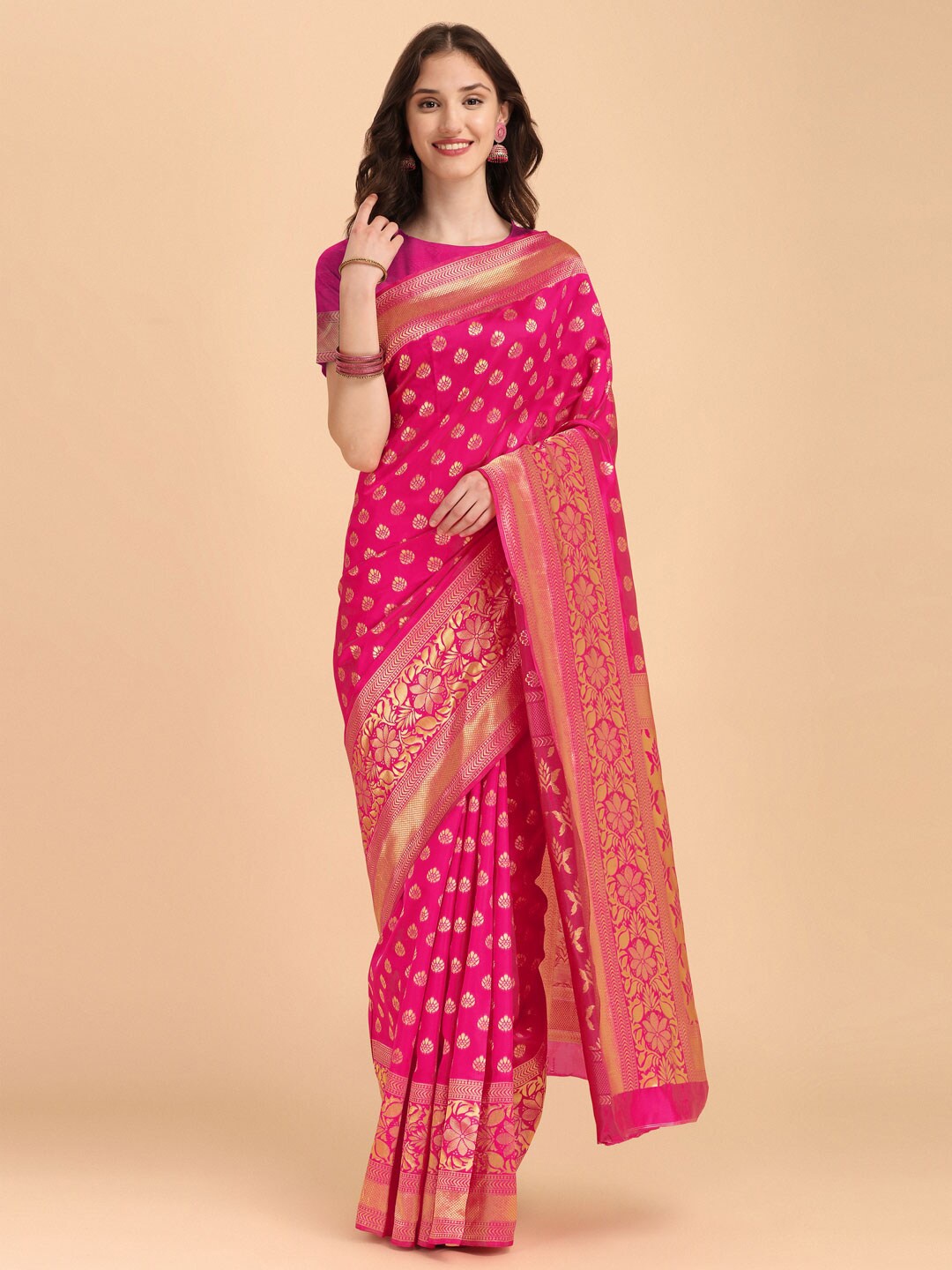 

SHIJILA Ethnic Motifs Woven Design Zari Detailed Kanjeevaram Saree, Pink