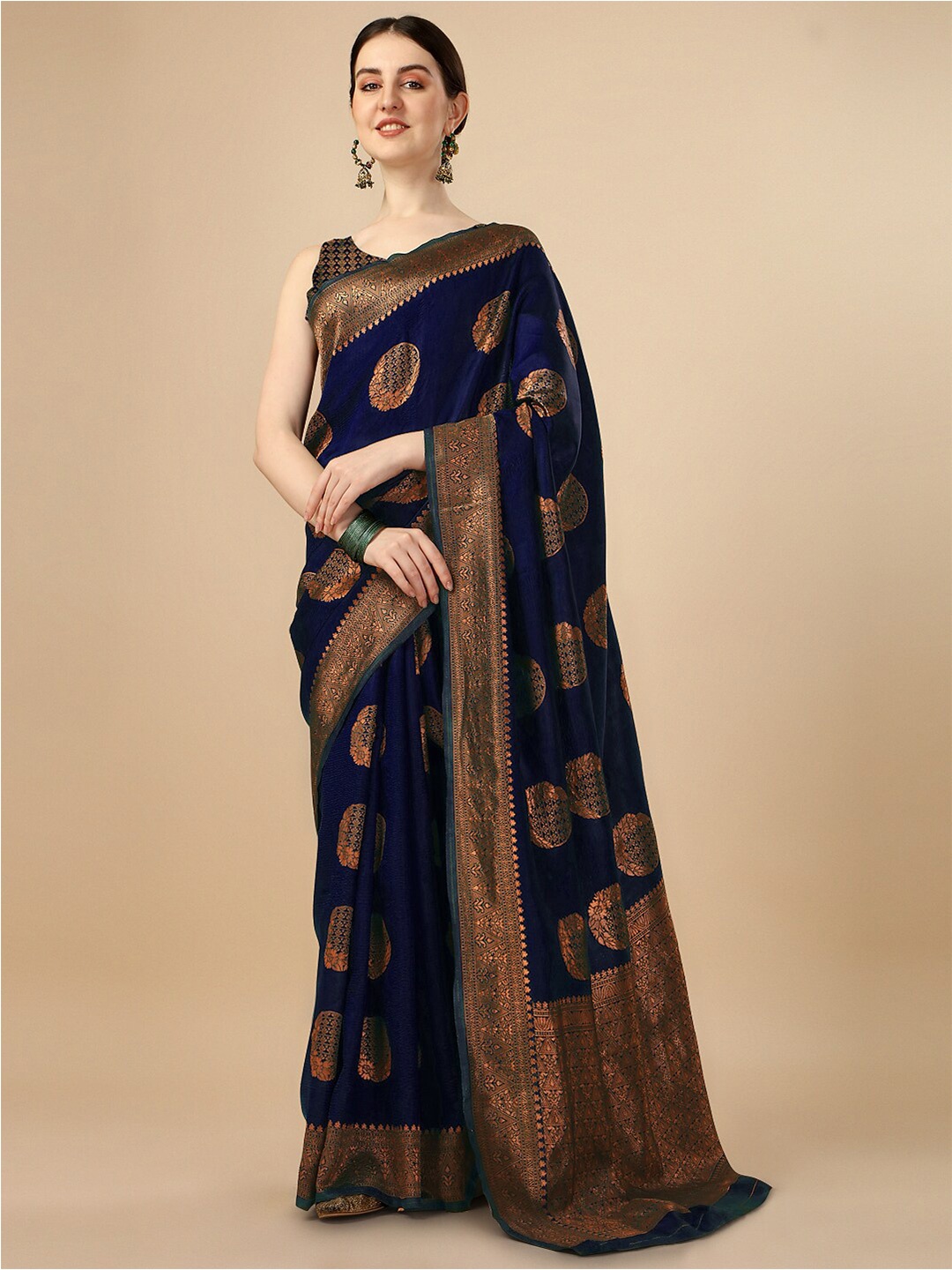 

SHIJILA Ethnic Motifs Woven Design Design Zari Silk Blend Kanjeevaram Saree, Blue