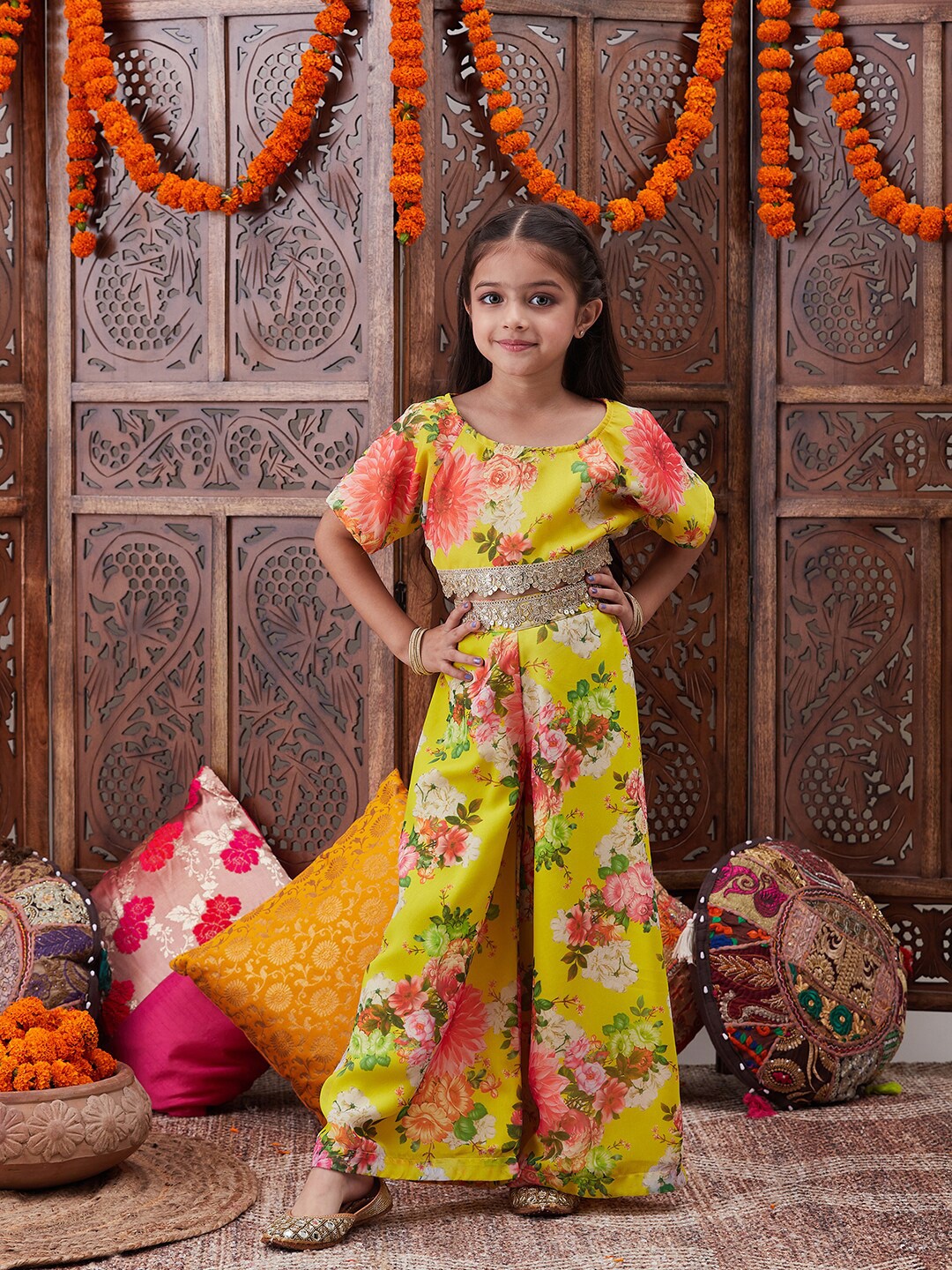 

pspeaches Girls Floral Printed Top With Palazzos, Yellow