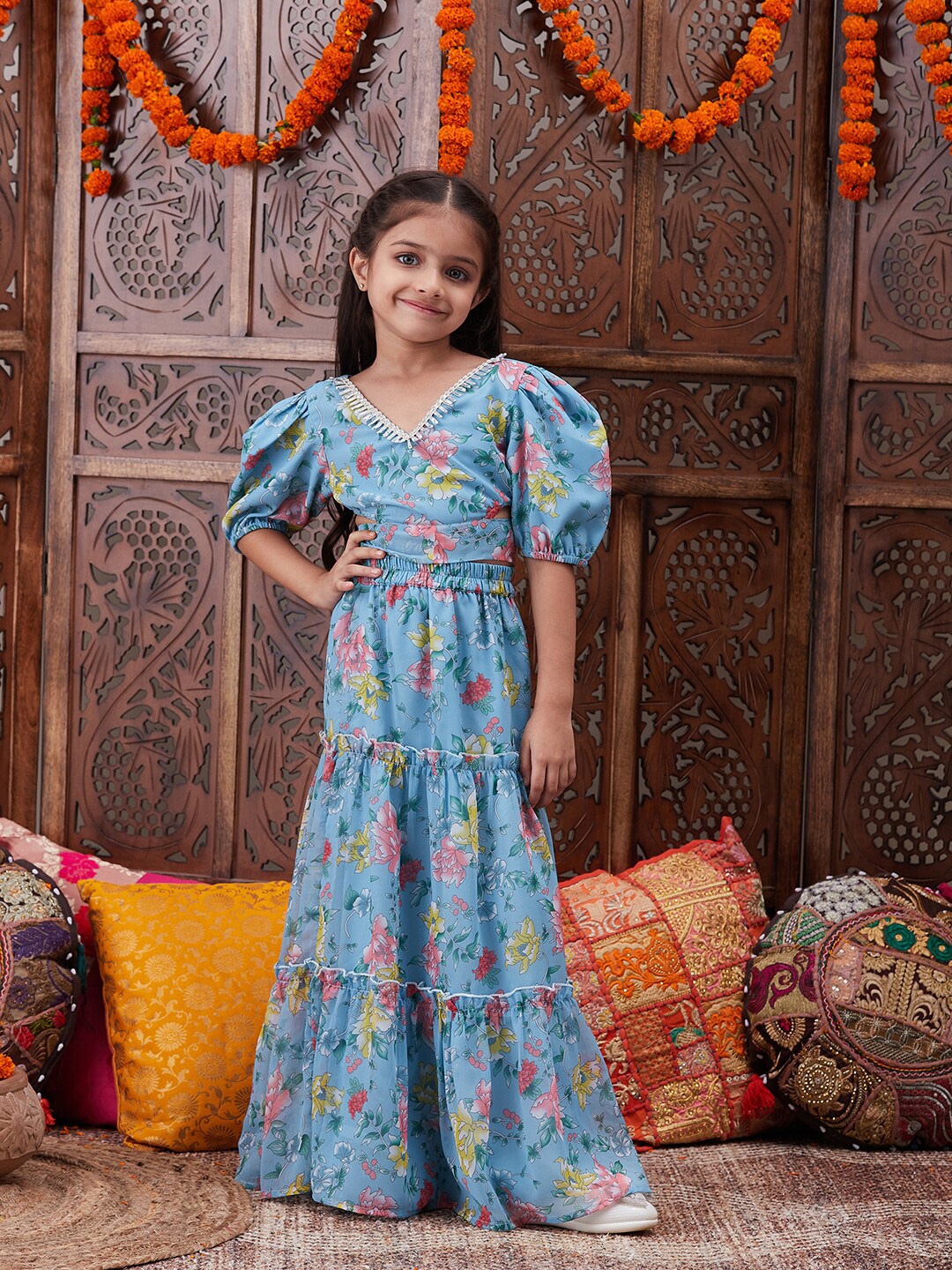 

pspeaches Girls Floral Printed Top With Skirt, Blue
