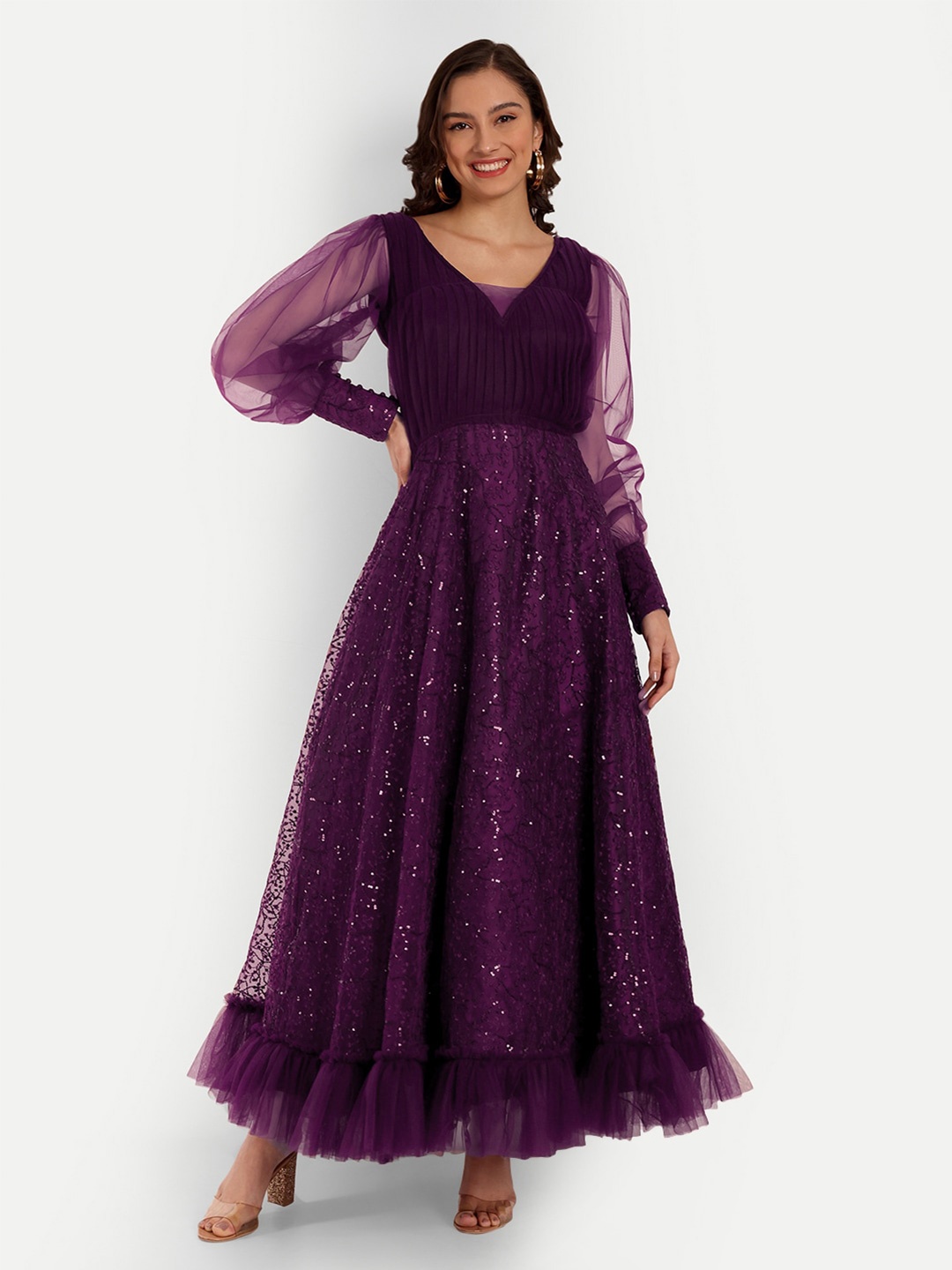 

TILISM Embellished V-Neck Puff Sleeves Net Maxi Dress, Purple