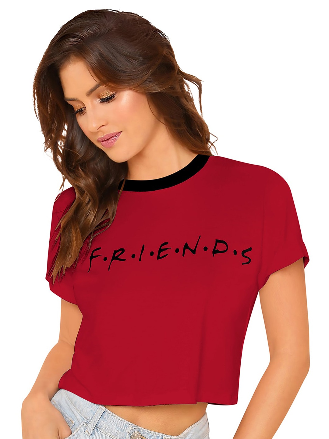 

BAESD Typography Printed Round Neck Cotton Crop Top, Red