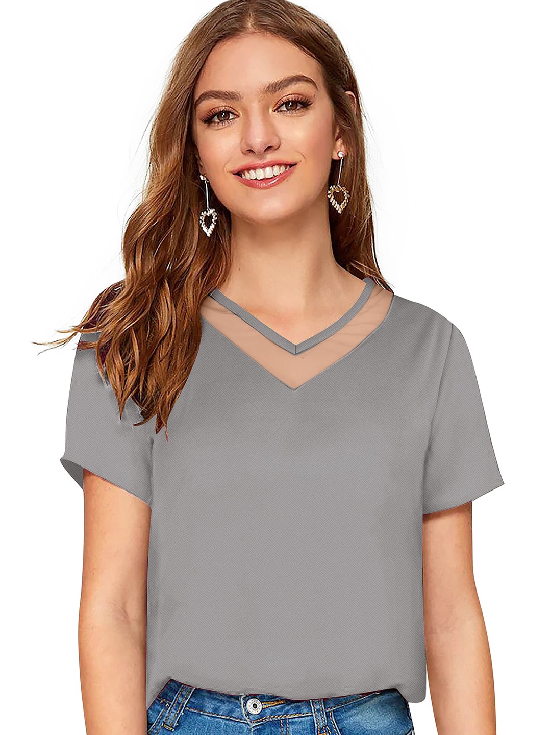 

BAESD Self Design V-Neck Short Sleeves Regular Top, Grey