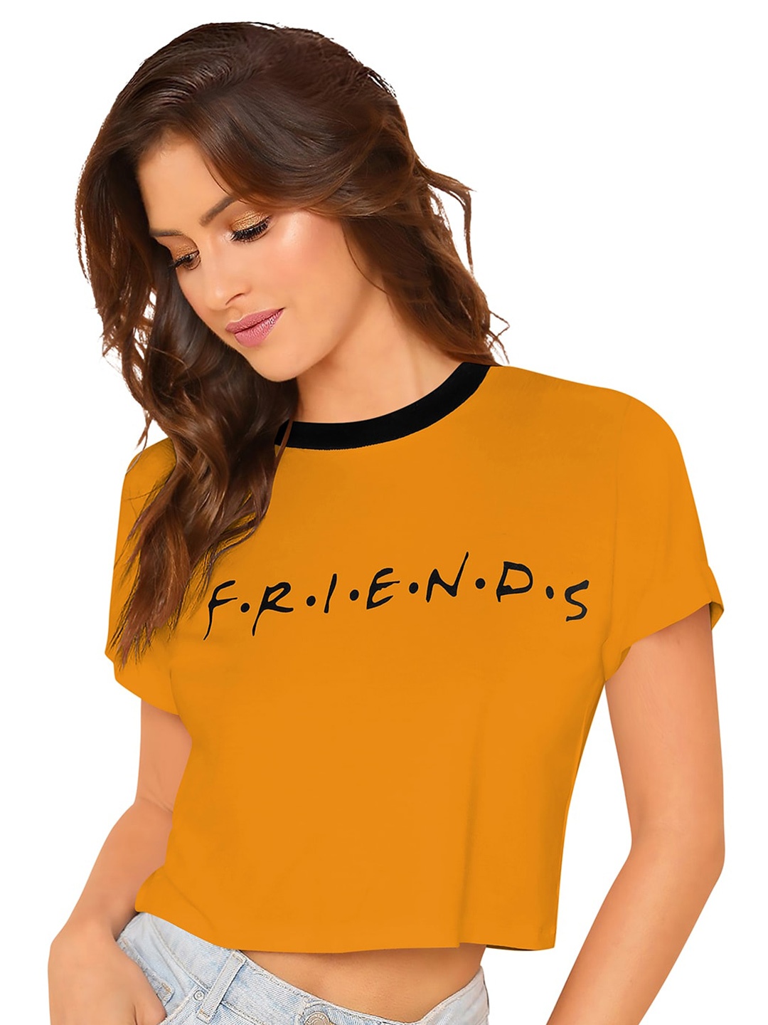 

BAESD Typography Printed Round Neck Cotton Crop Top, Yellow