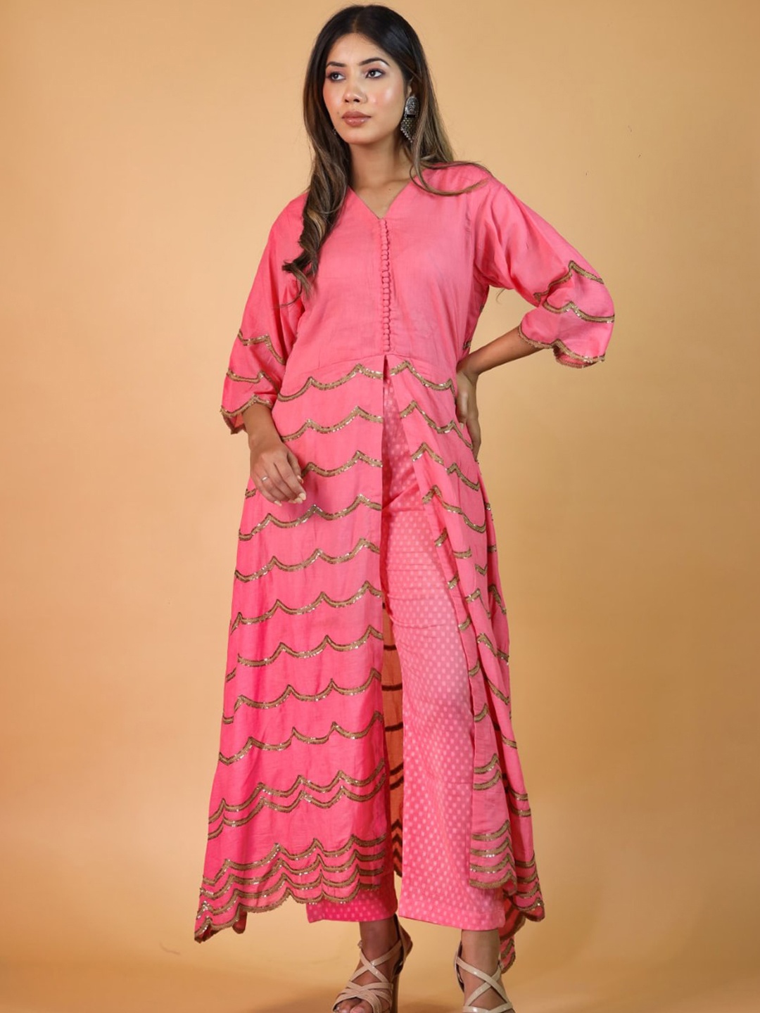 

Trinjann Sequined A-Line Chanderi Cotton Kurta with Palazzos, Peach