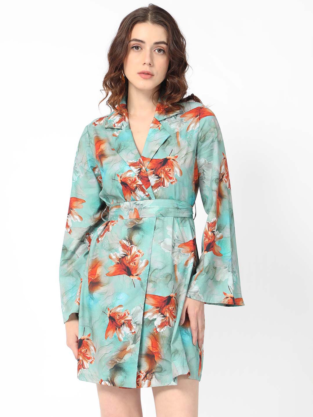 

RAREISM Floral Printed Shirt Collar Bell Sleeve Belted Cotton Wrap Dress, Turquoise blue