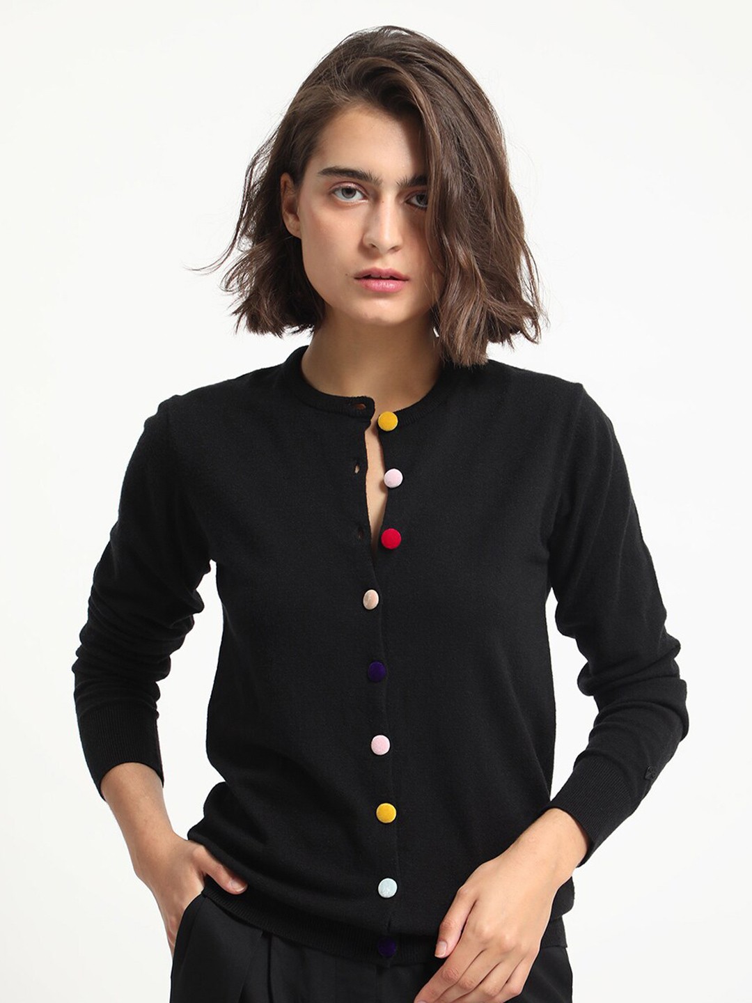 

RAREISM Statement Button Knit Long Sleeves Cardigan, Black
