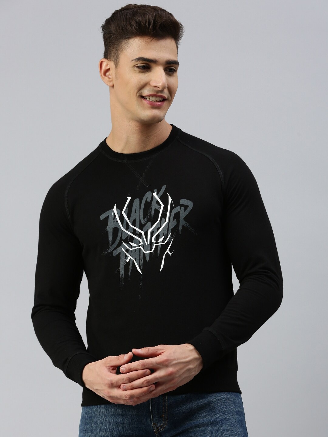 

SPORTO Black Panther Printed Raglan Sleeves Cotton Pullover Sweatshirt