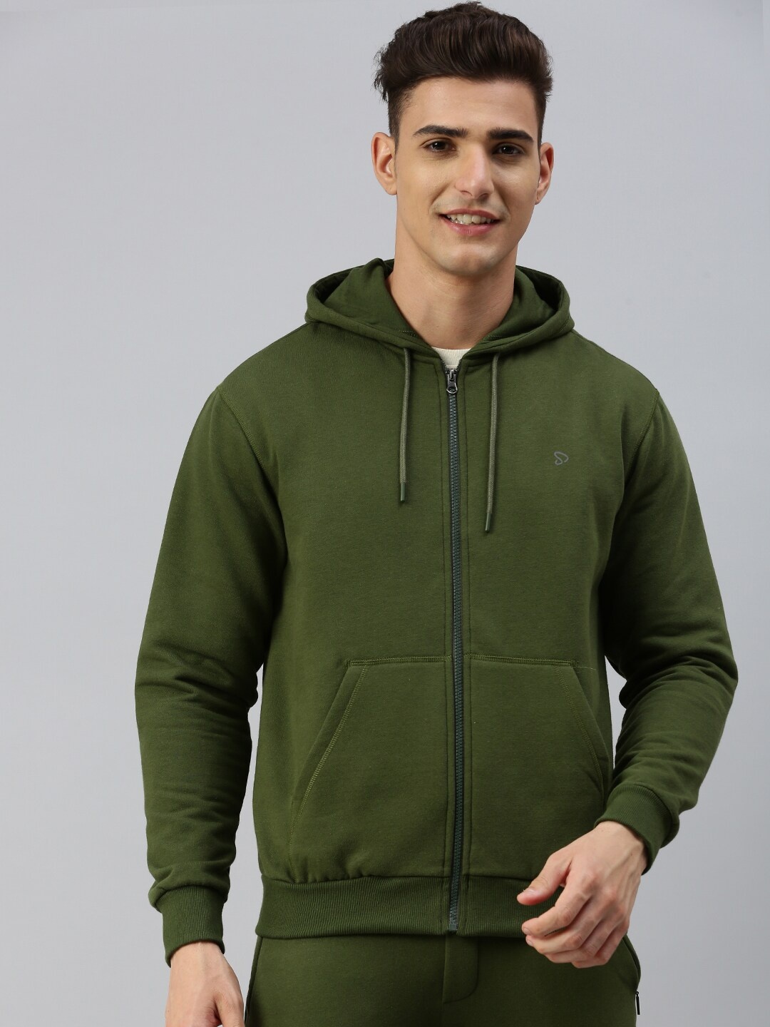 

SPORTO Olive Green Hooded Cotton Front-Open Sweatshirt