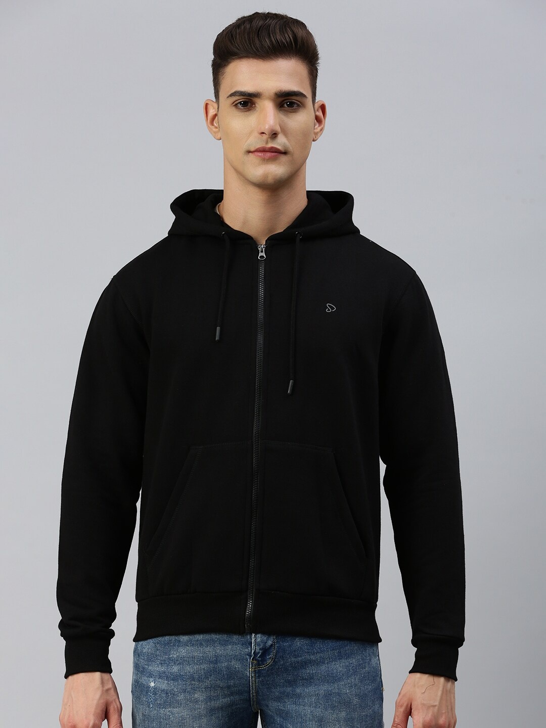 

SPORTO Black Hooded Cotton Front-Open Sweatshirt