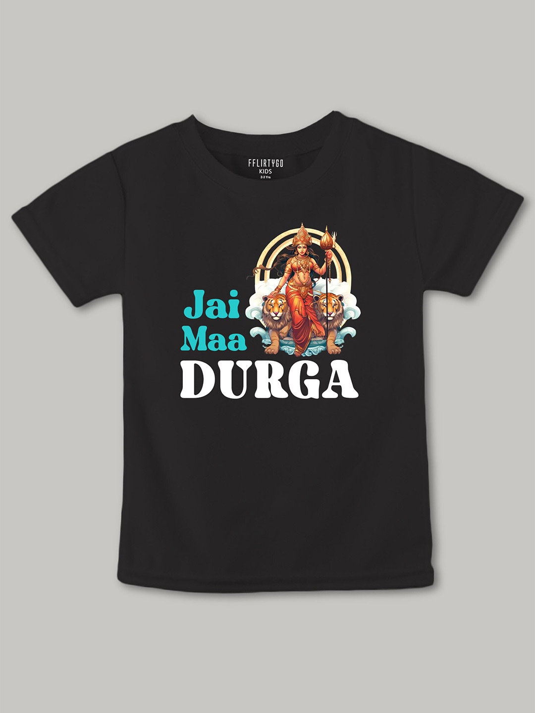 

FFLIRTYGO Kids Durga Puja Graphic Printed Pure Cotton T-Shirt, Black