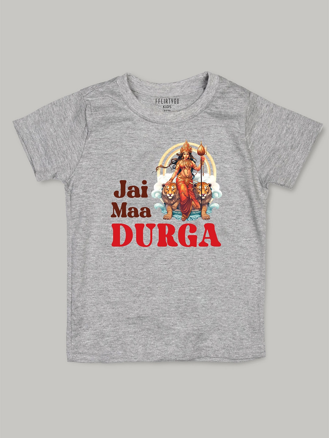 

FFLIRTYGO Kids Durga Puja Graphic Printed Pure Cotton T-Shirt, Grey