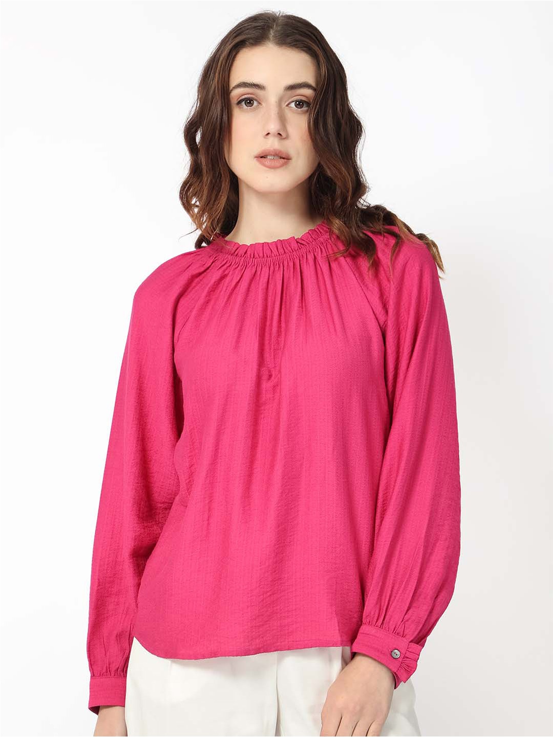 

RAREISM Round Neck Cuffed Sleeves Dopamine Formal Top, Pink