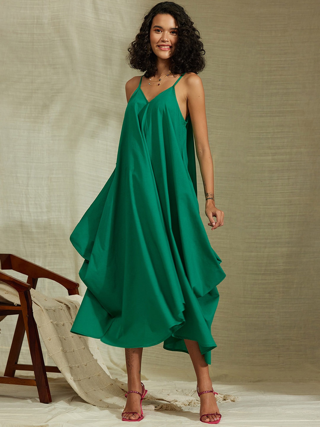 

Pink Fort Shoulder Straps Cotton A-Line Dress, Green