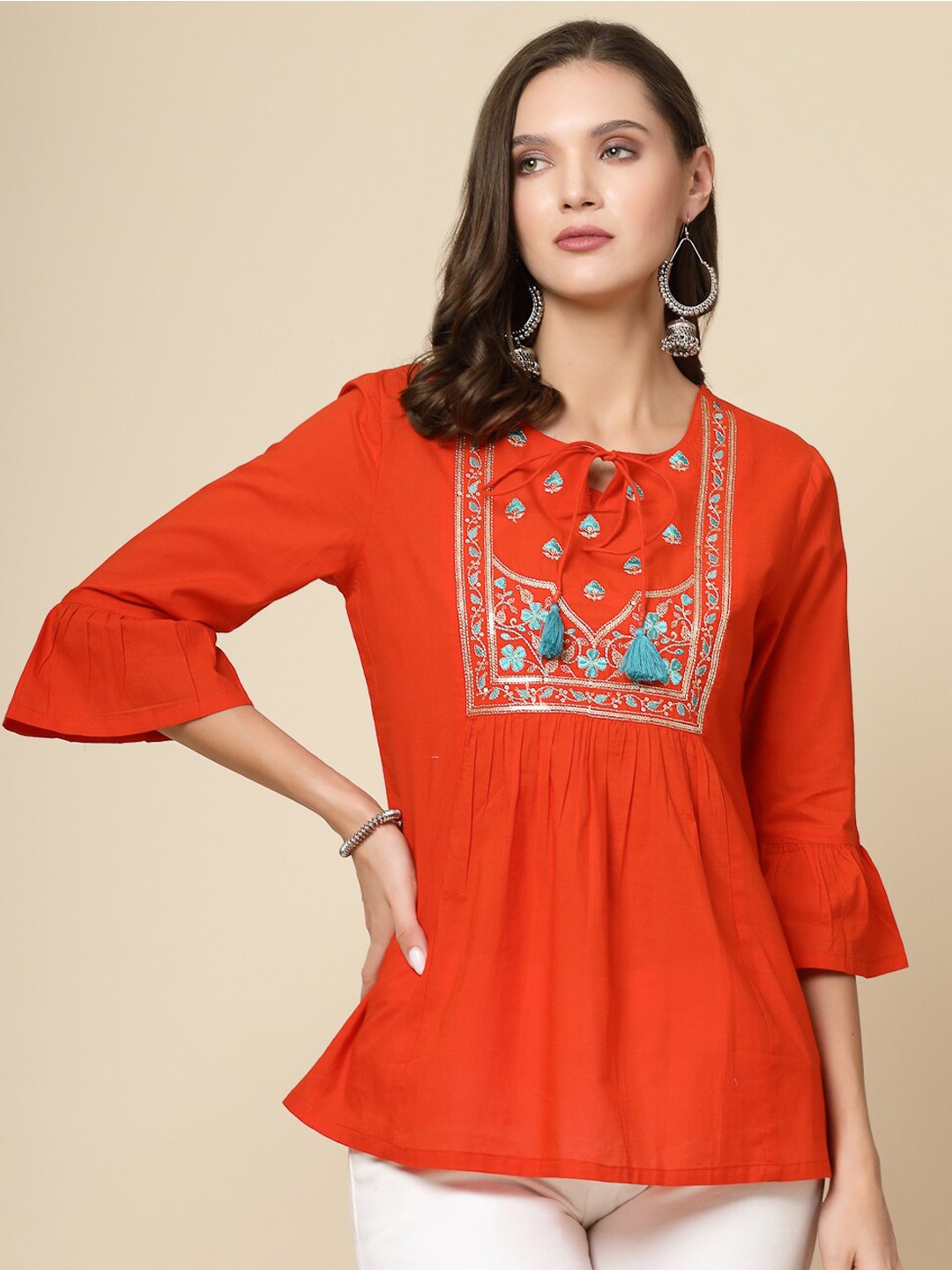 

all about you Ethnic Embroidered Tie-Up Neck Bell Sleeves Gathered Cotton Casual Top, Rust