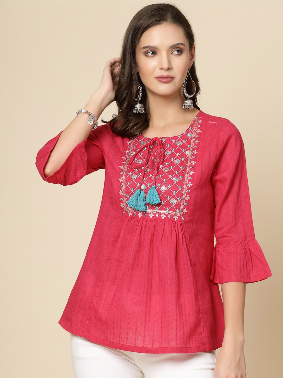 

all about you Ethnic Embroidered Tie-Up Neck Bell Sleeves Gathered Cotton Casual Top, Pink