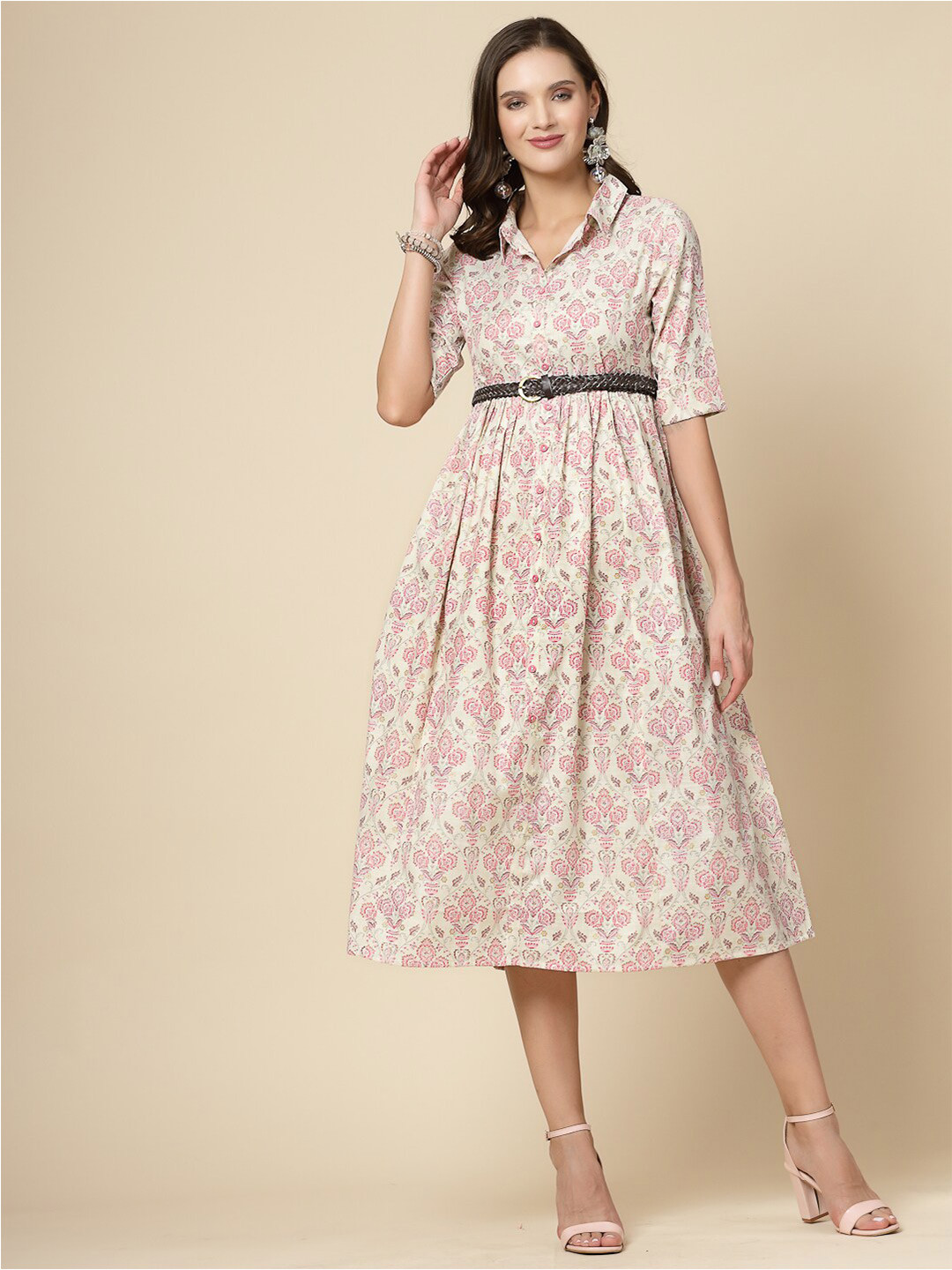 

all about you Floral Printed Cotton A-Line Midi Dress, Pink
