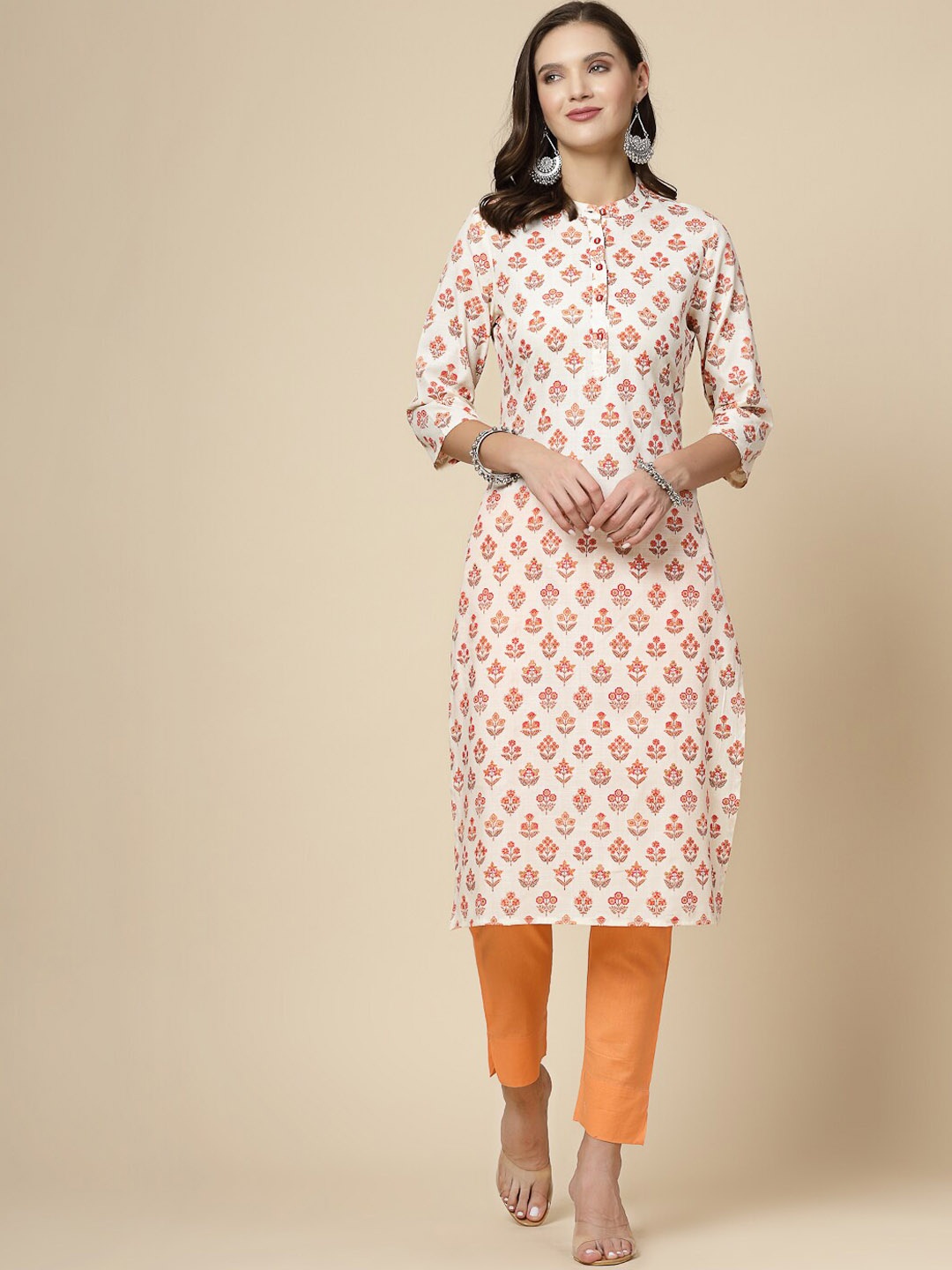 

all about you Ethnic Motifs Printed Mandarin Collar Cotton Regular Kurta, Off white