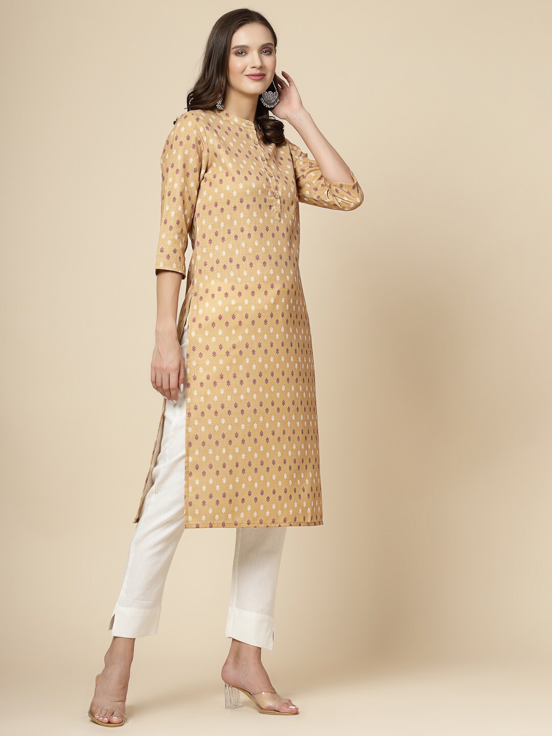 

all about you Geometric Printed Mandarin Collar Kurta, Beige