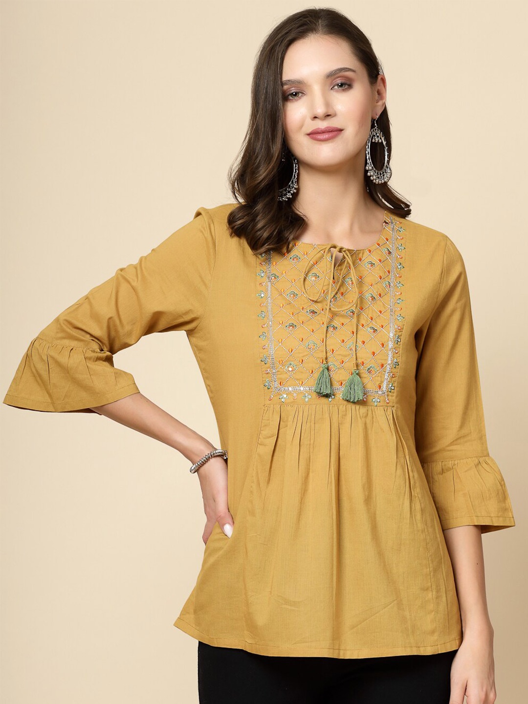 

all about you Ethnic Embroidered Tie-Up Neck Bell Sleeves Gathered Cotton Casual Top, Beige