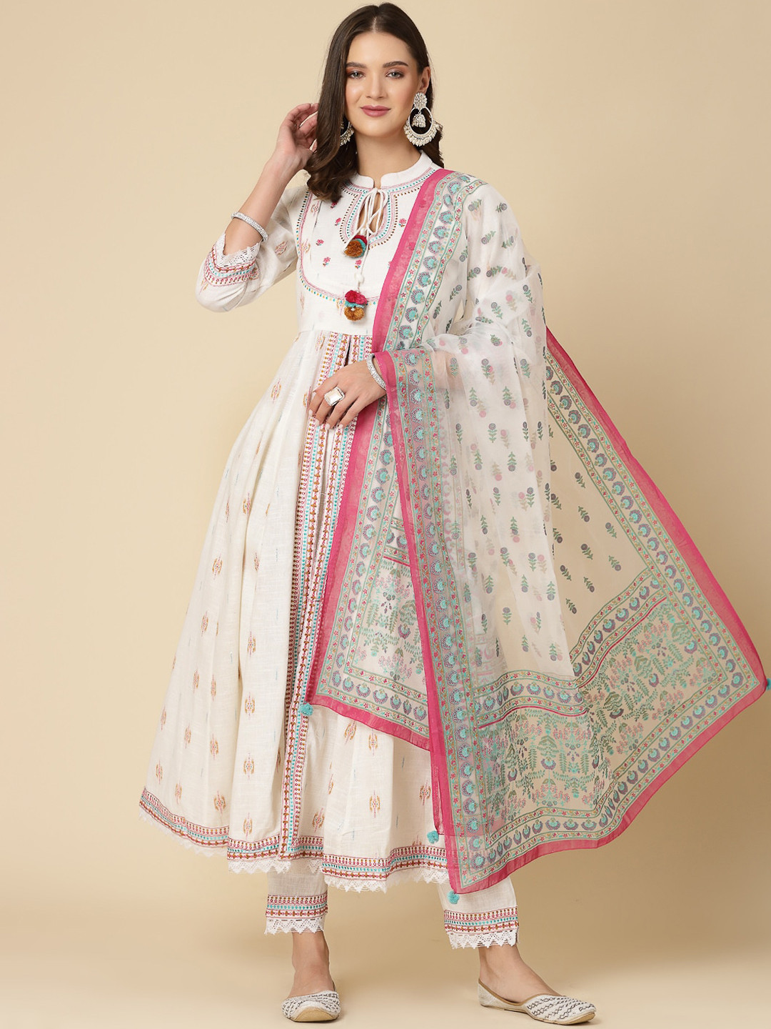 

all about you Printed Thread Work High Slit Pure Cotton Kurta with Trousers & Dupatta, White