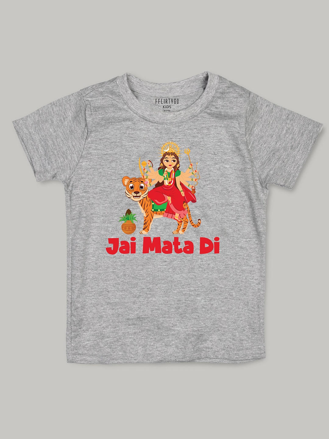

FFLIRTYGO Kids Durga Puja Special Printed Pure Cotton T-shirt, Grey