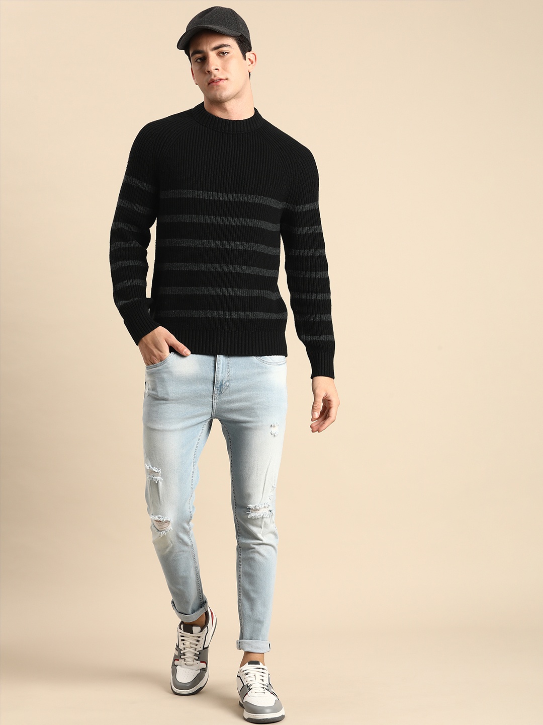 

Celio Cable Knitted Striped Pullover, Black