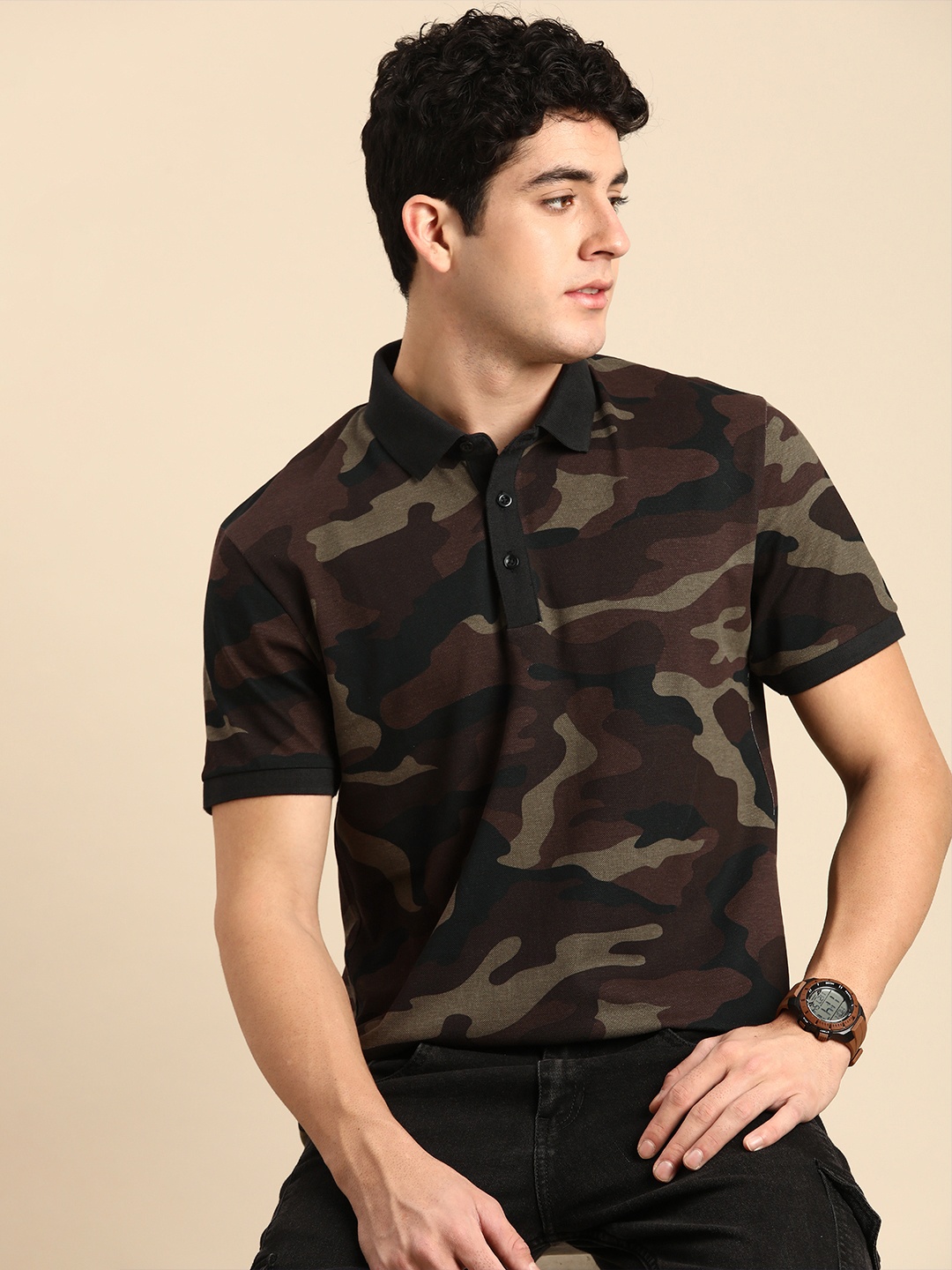 

Celio Camouflage Printed Pure Cotton T-shirt with Polo Collar, Khaki