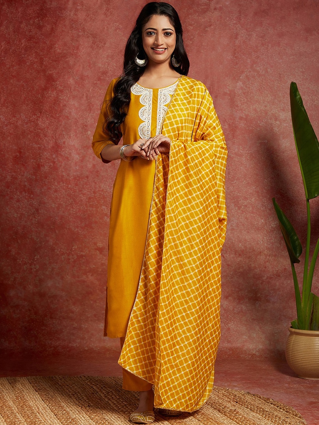 

Libas Ethnic Motifs Yoke Design Regular Gotta Patti Kurta with Trousers & Dupatta, Mustard