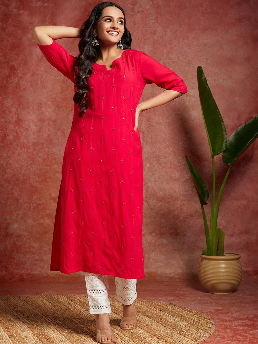 

Libas Ethnic Motifs Embroidered Mirror Work Kurta, Pink