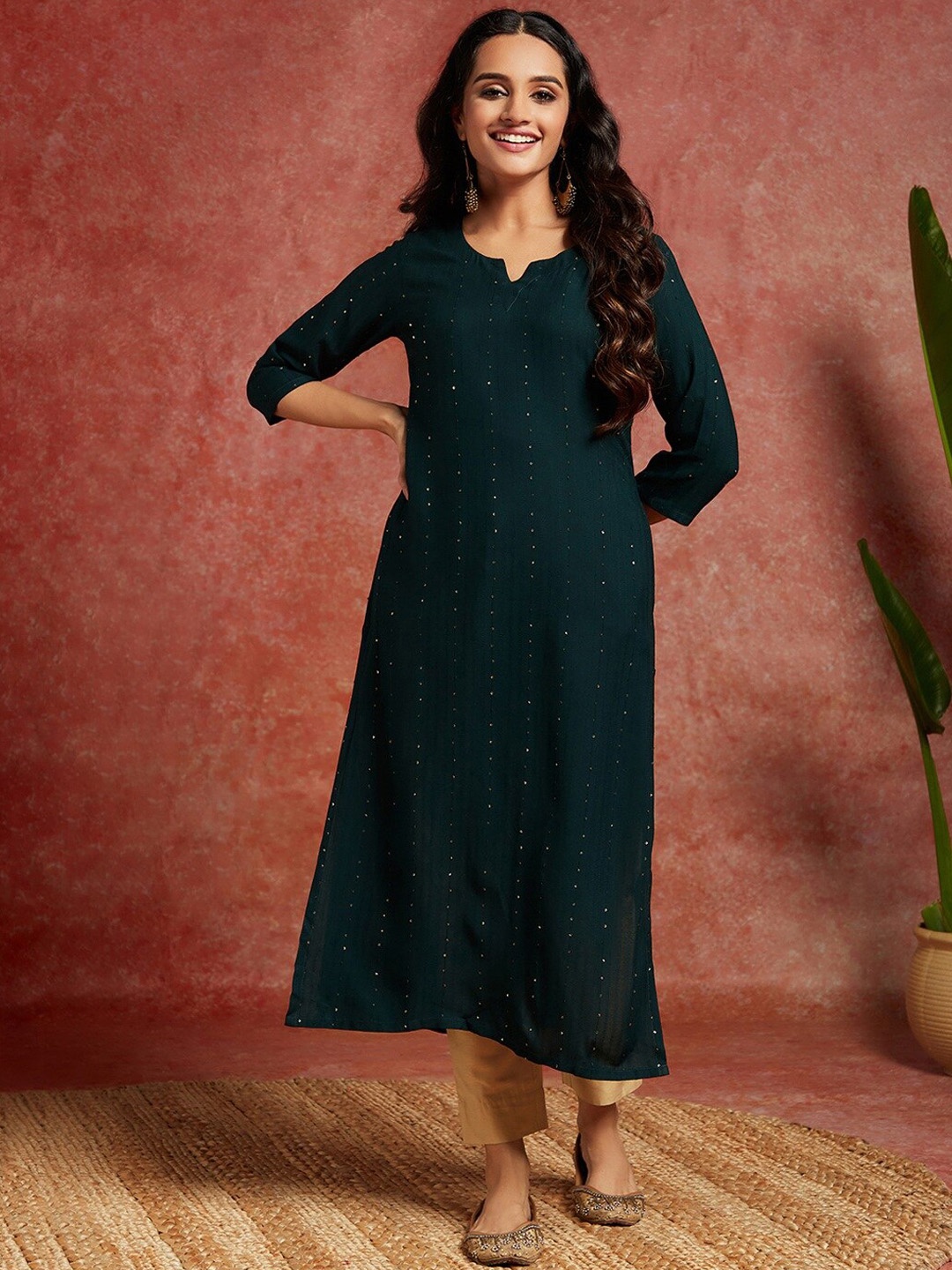 

Libas Striped Sequinned Straight Kurta, Green