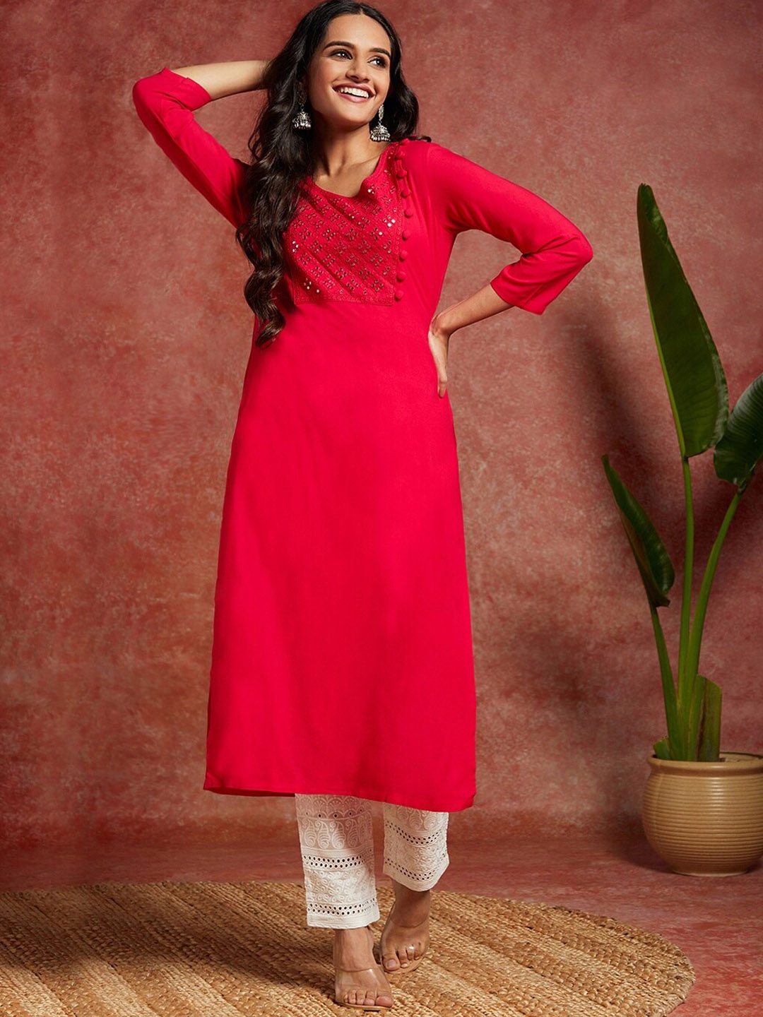 

Libas Embellished Yoke Design Mirror Work Straight Kurta, Pink