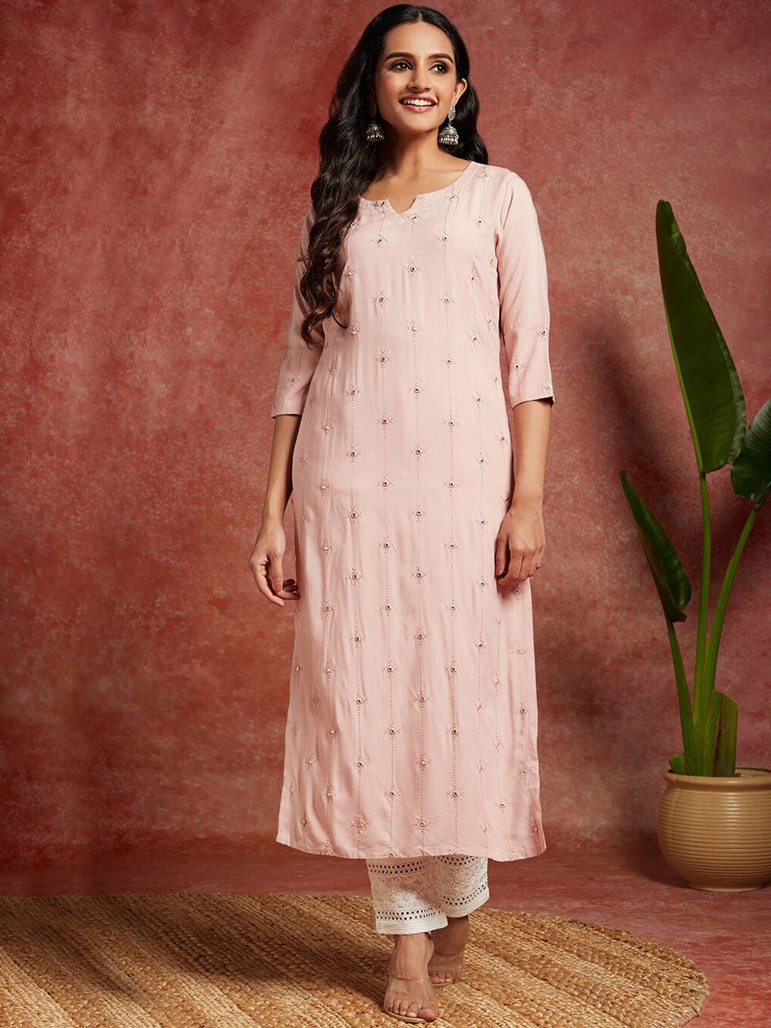 

Libas Geometric Embroidered Mirror Work Kurta, Pink
