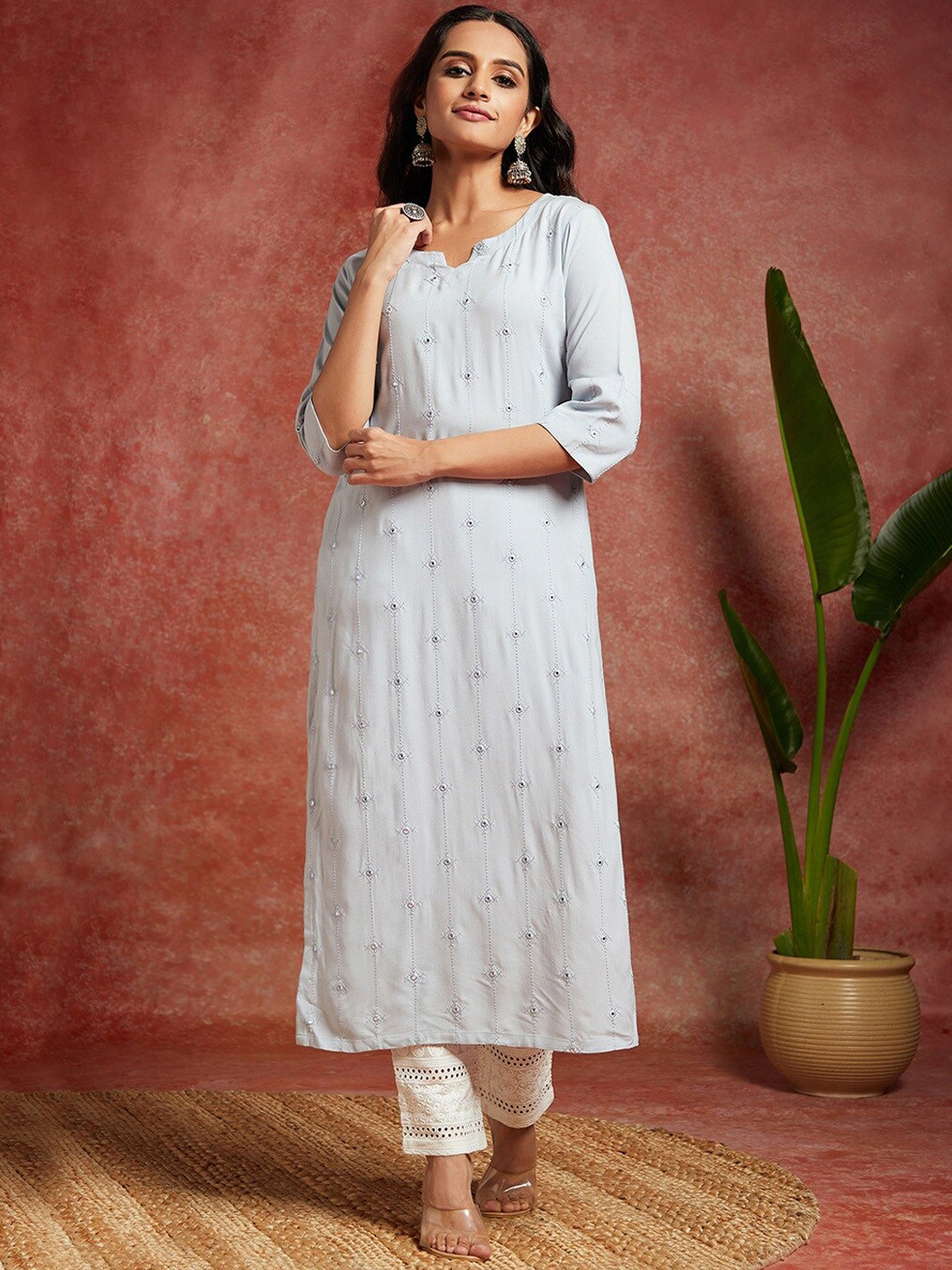 

Libas Geometric Embroidered Mirror Work Straight Kurta, Grey