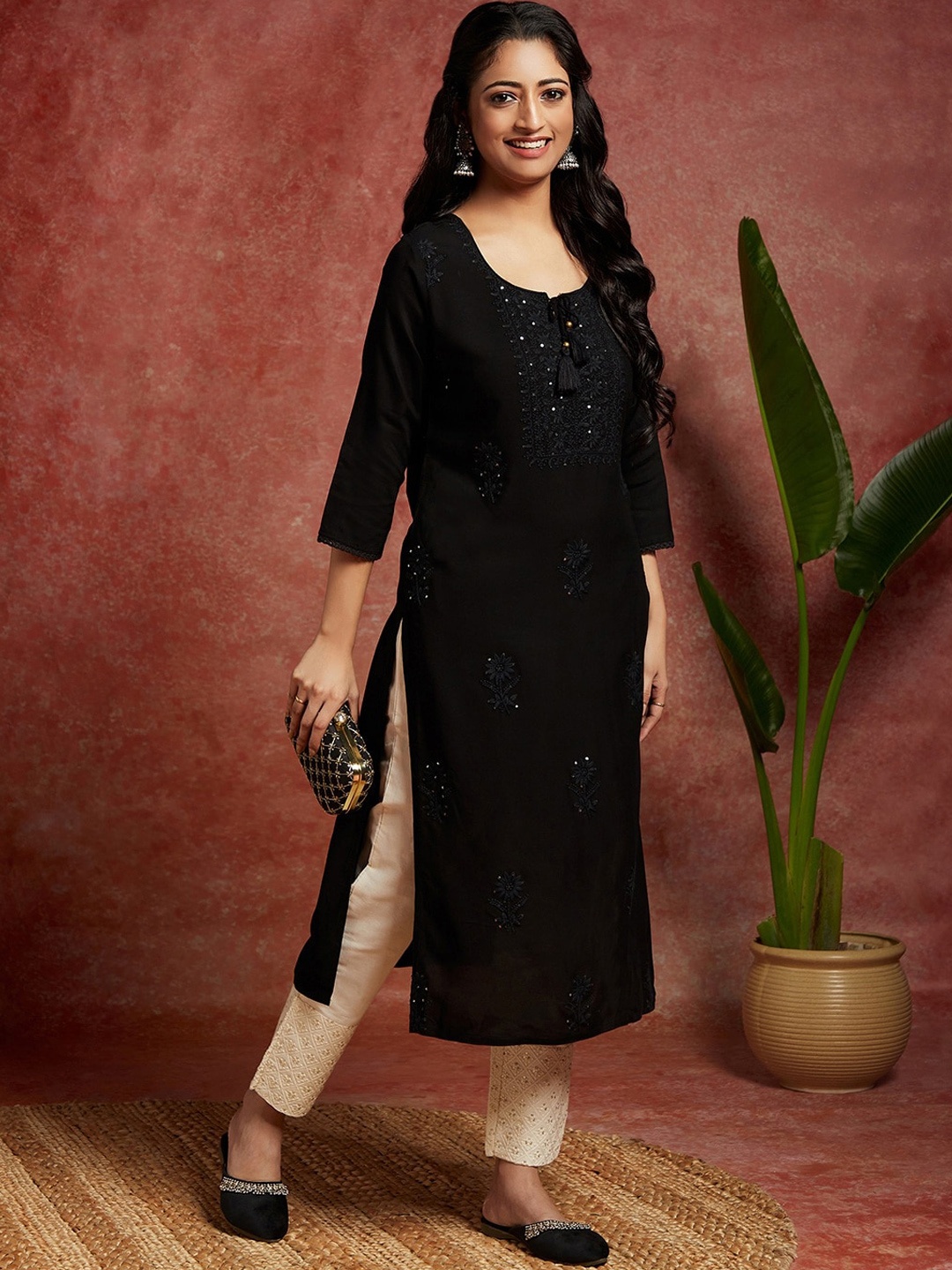 

Libas Floral Embroidered Tie-Up Neck Sequinned Straight Kurta, Black