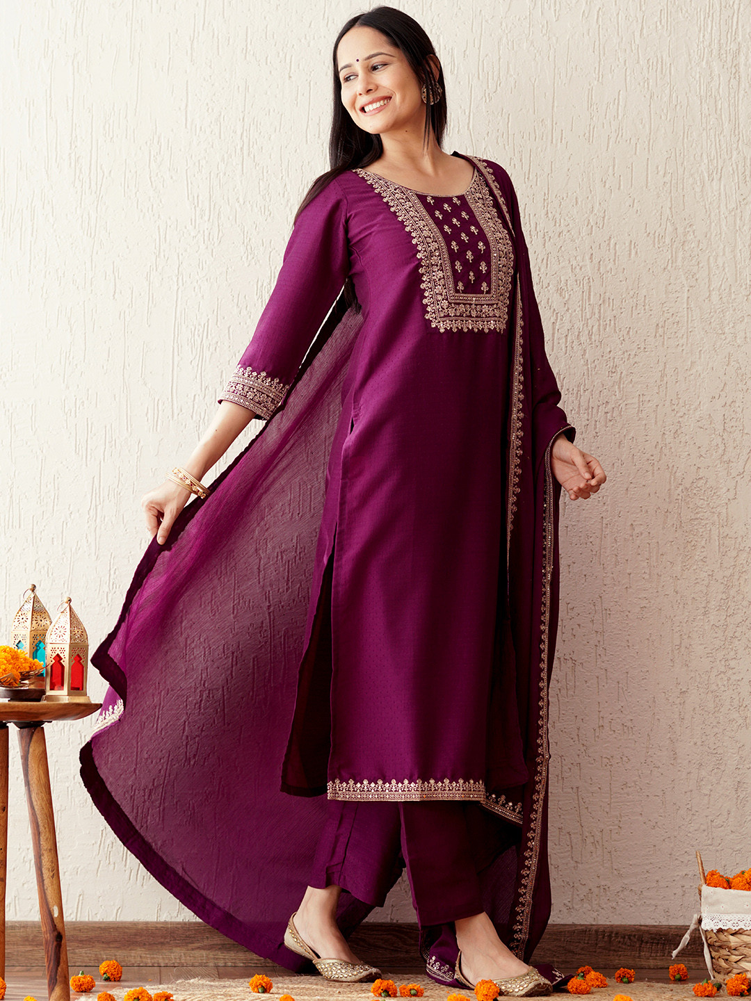 

Libas Floral Yoke Design Regular Sequinned Kurta With Trousers & Dupatta, Purple