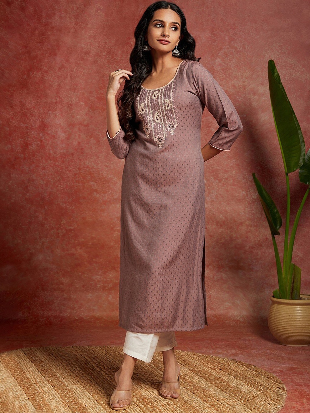 

Libas Ethnic Motifs Woven Design Thread Work Straight Kurta, Mauve