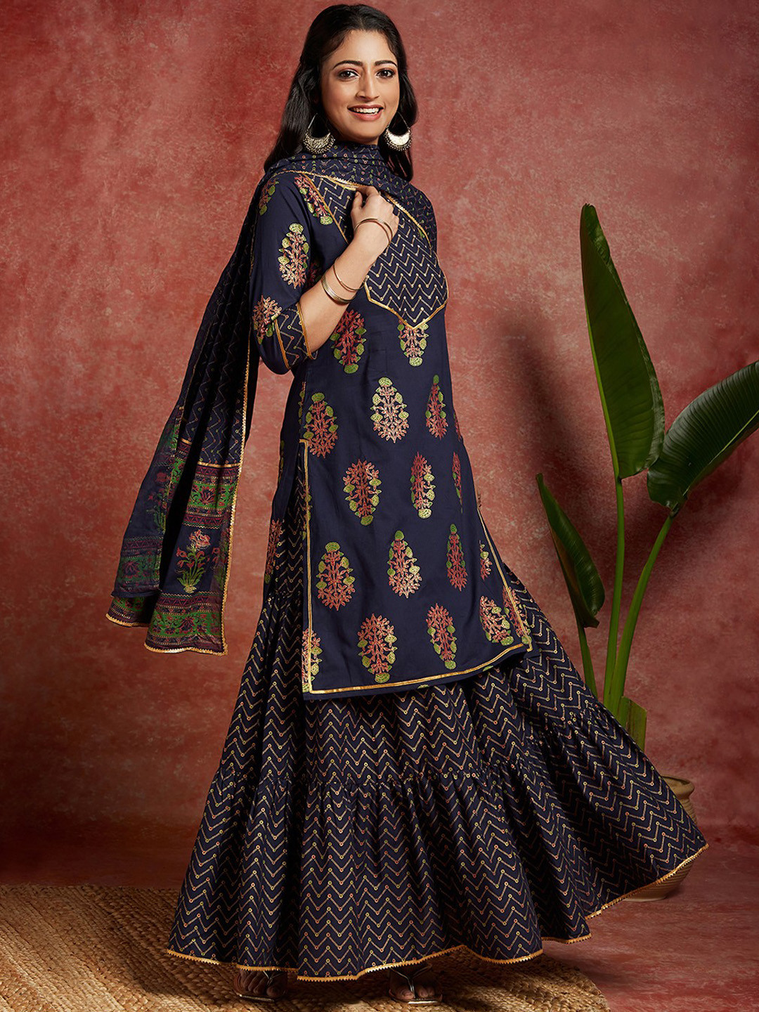 

Libas Floral Printed Regular Gotta Patti Pure Cotton Straight Kurta & Skirt With Dupatta, Blue