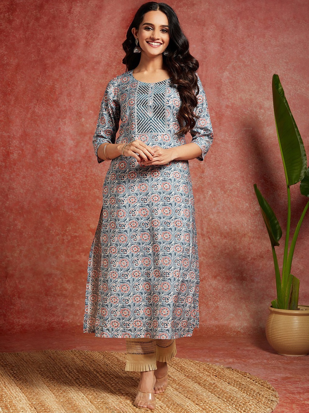 

Libas Floral Printed Silk Kurta, Blue