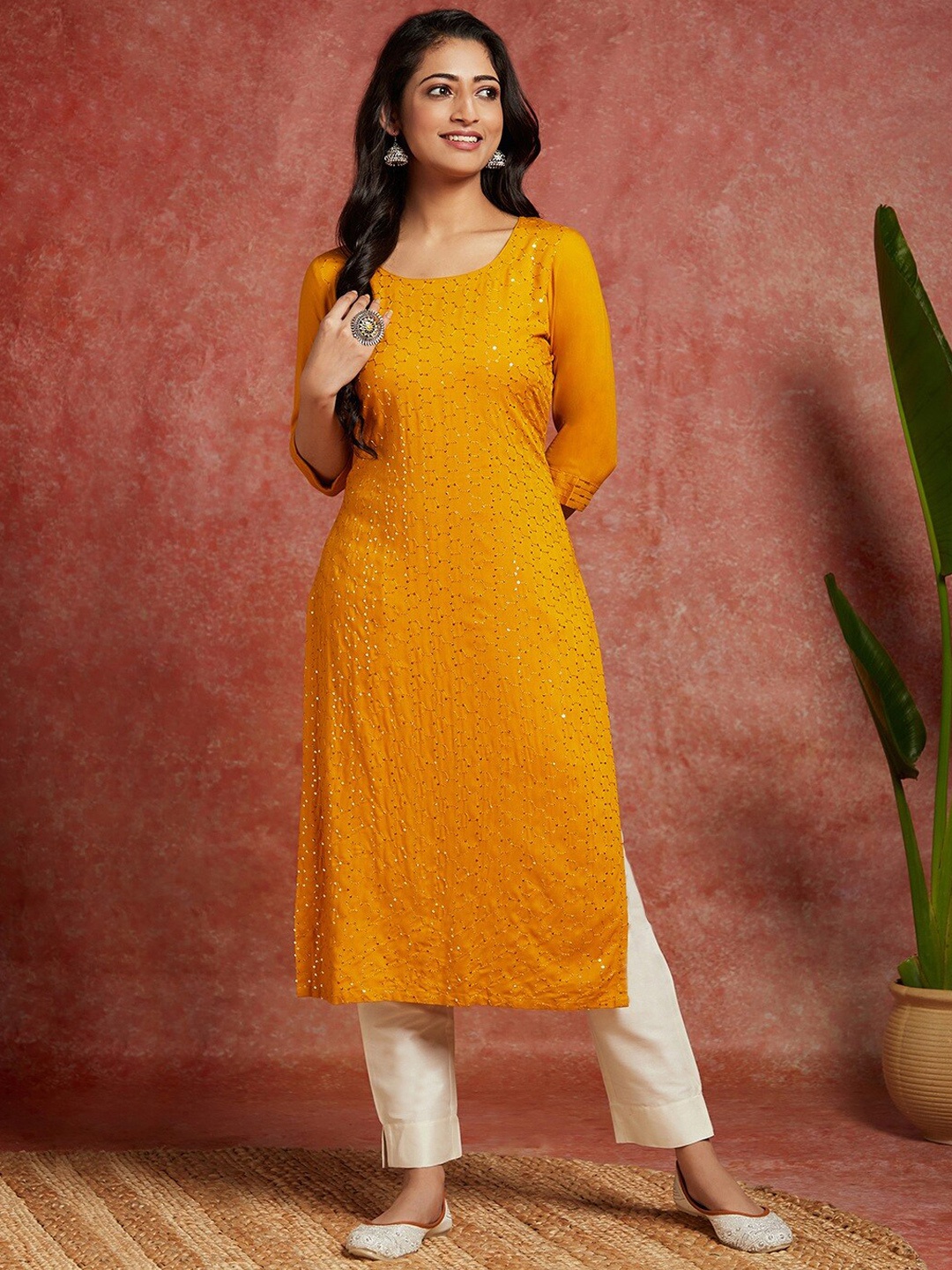 

Libas Sequinned Embellished Straight Kurta, Mustard