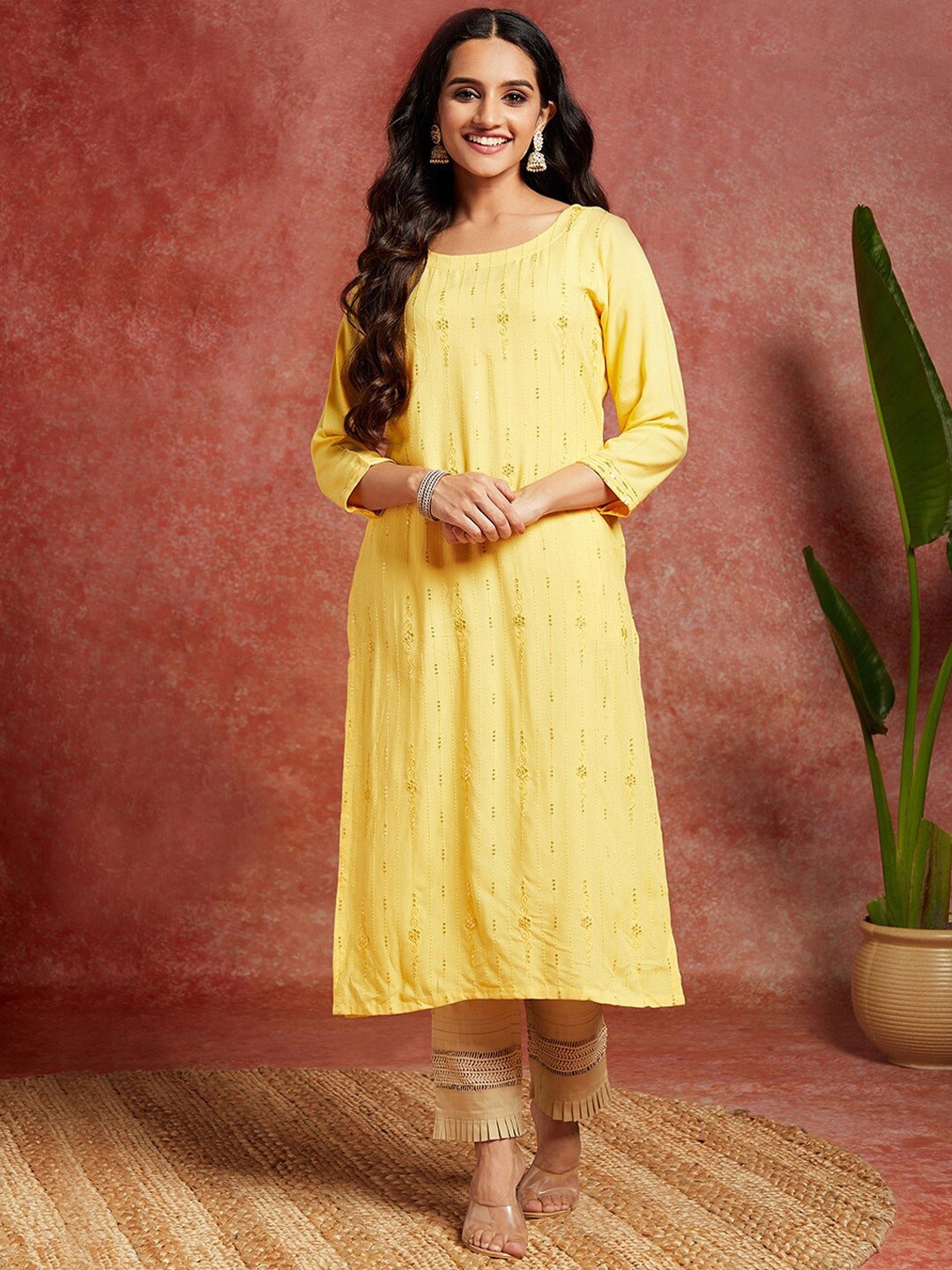 

Libas Ethnic Motifs Embroidered Straight Kurta, Yellow