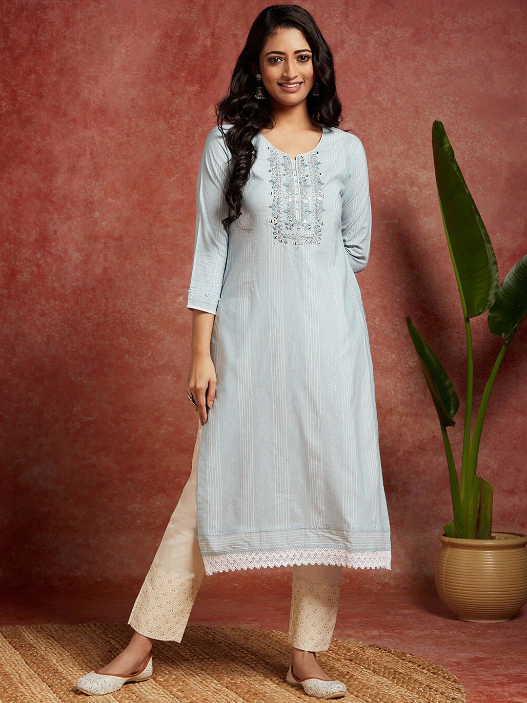 

Libas Floral Yoke Design Straight Kurta, Blue