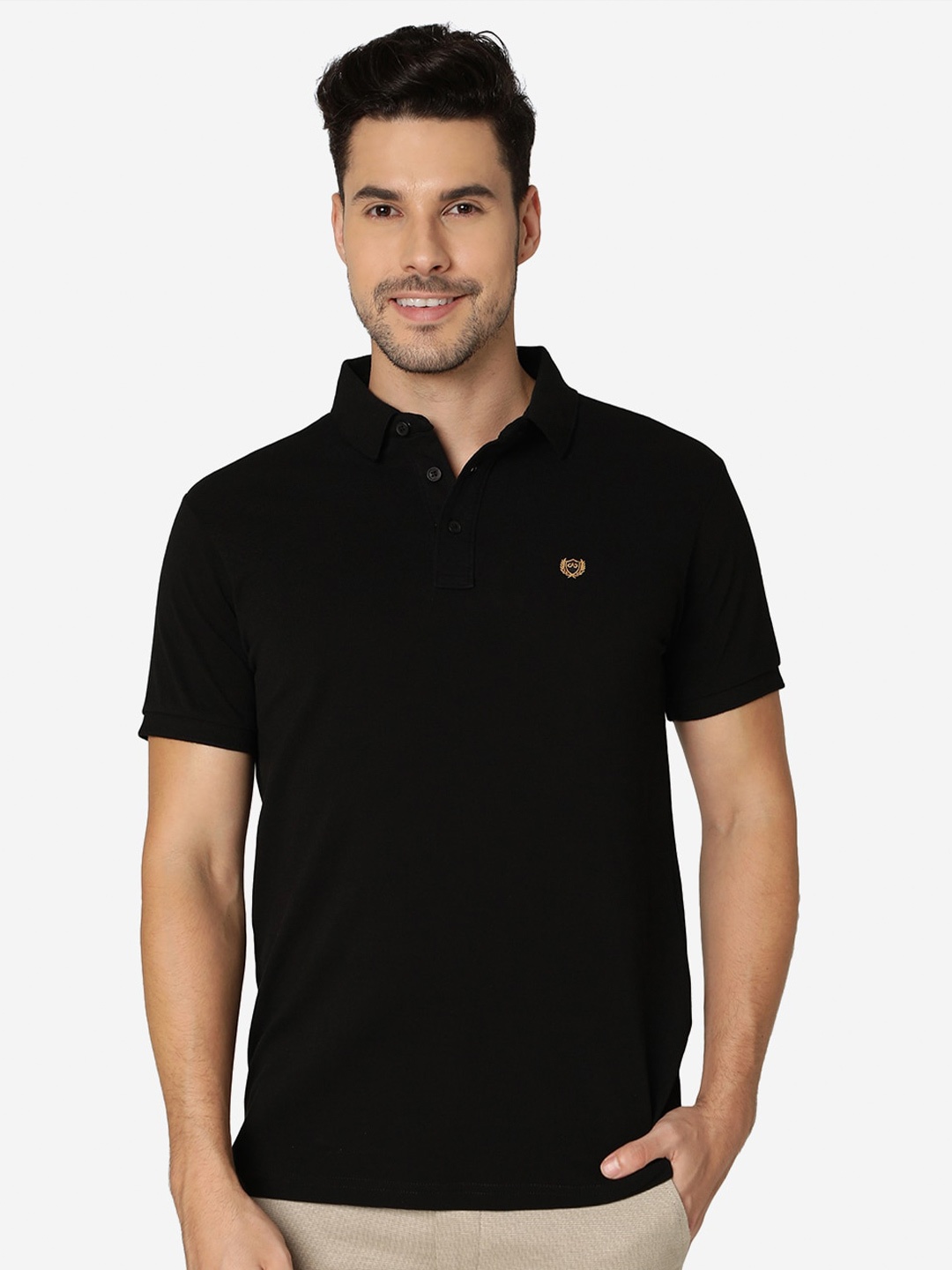 

JADE BLUE Polo Collar Pure Cotton Slim Fit T-shirt, Black