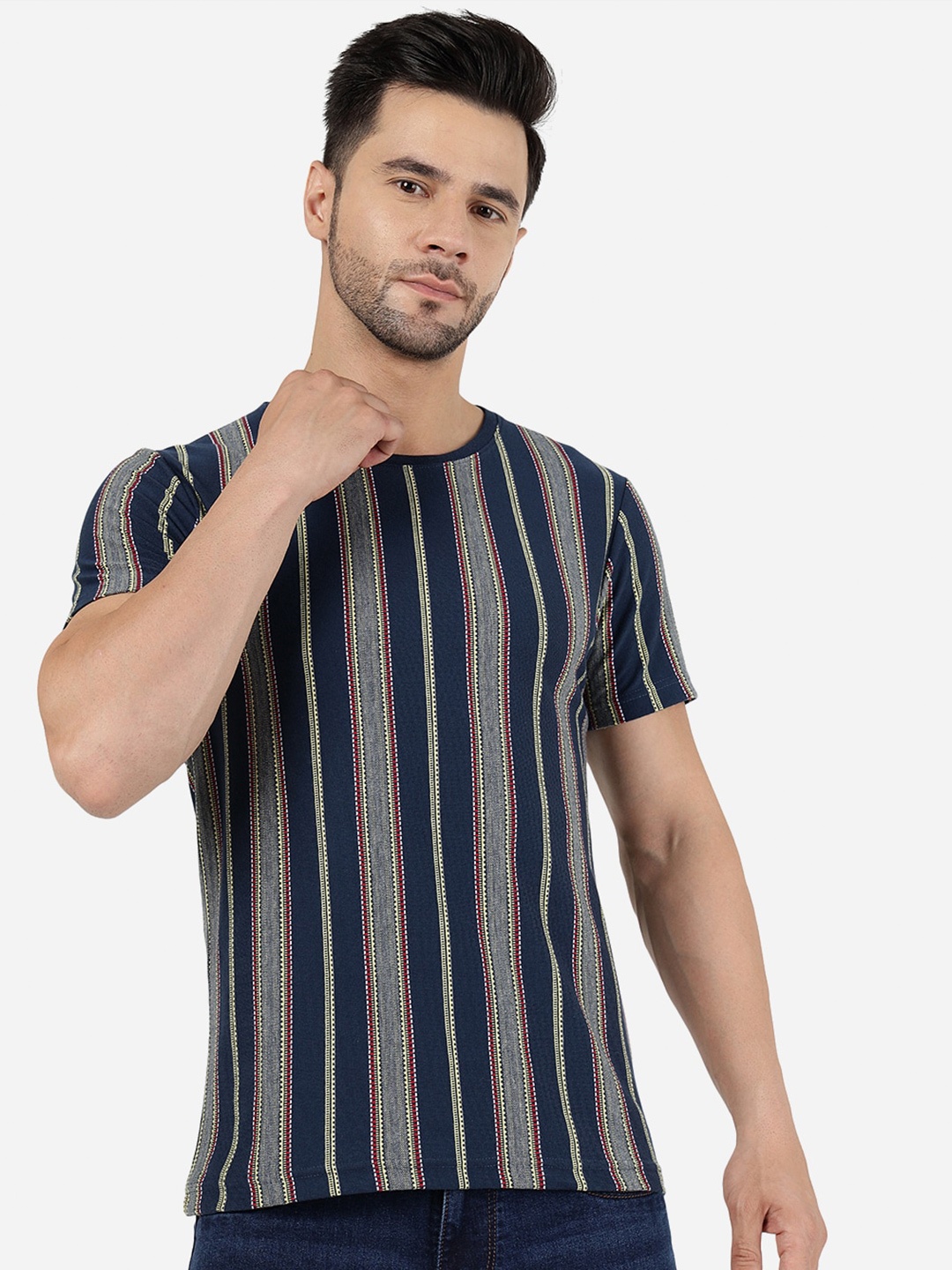 

JADE BLUE Striped Pure Cotton Slim Fit T-shirt