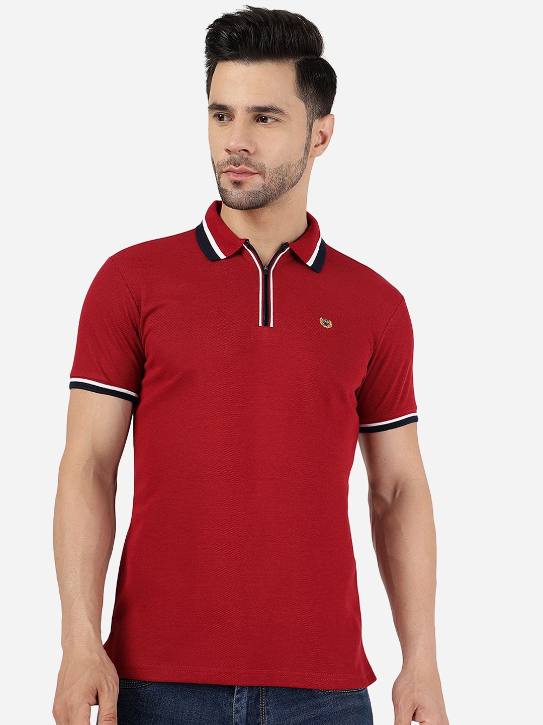 

JADE BLUE Polo Collar Pure Cotton Slim Fit T-shirt, Maroon