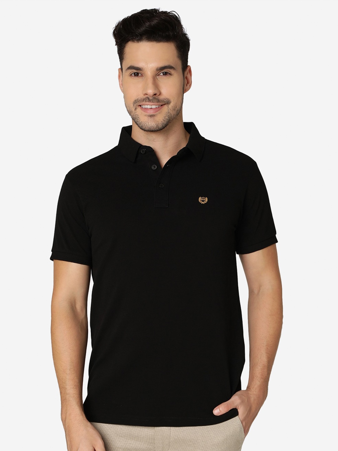 

JADE BLUE Polo Collar Slim Fit Pure Cotton T-Shirt, Black