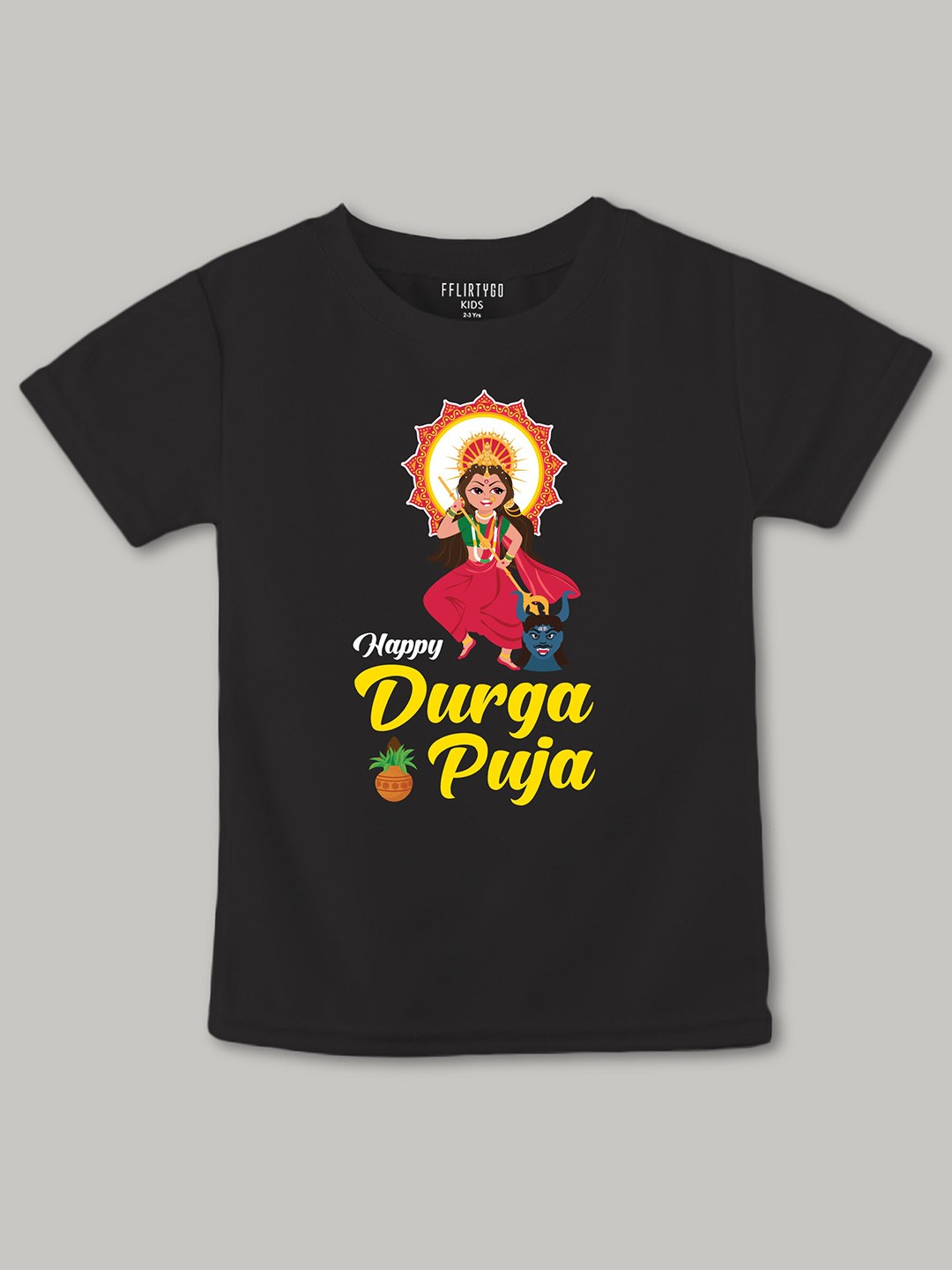 

FFLIRTYGO Kids Durga Puja Graphic Printed Pure Cotton T-Shirt, Black