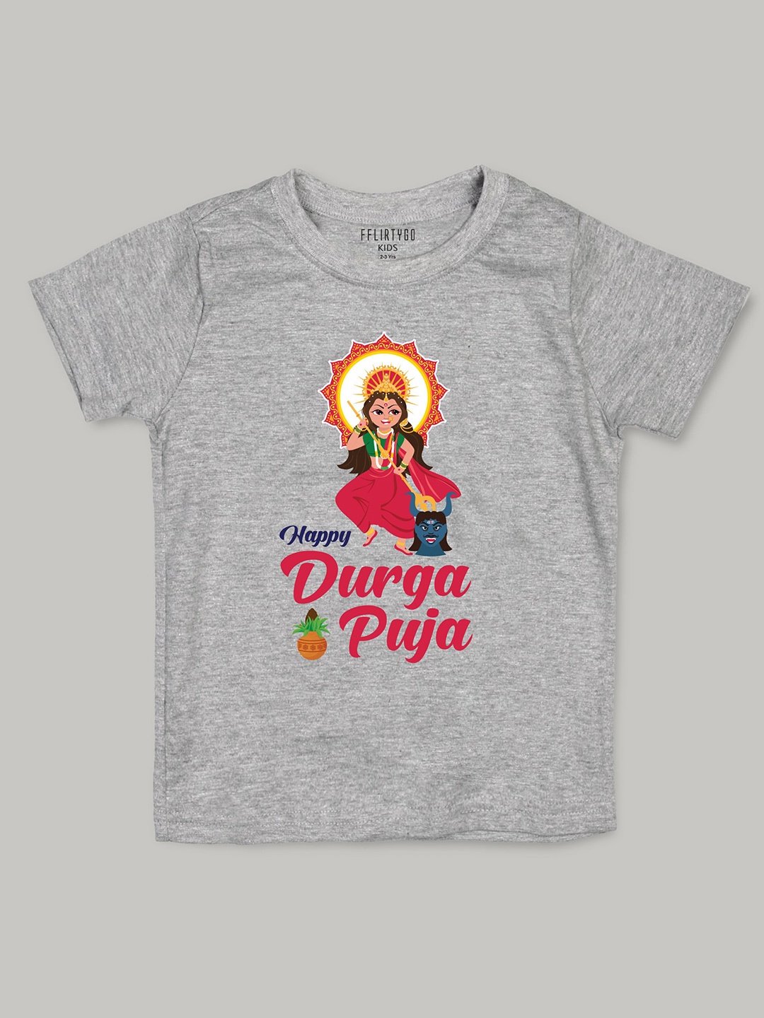 

FFLIRTYGO Kids Durga Puja Graphic Printed Pure Cotton T-Shirt, Grey
