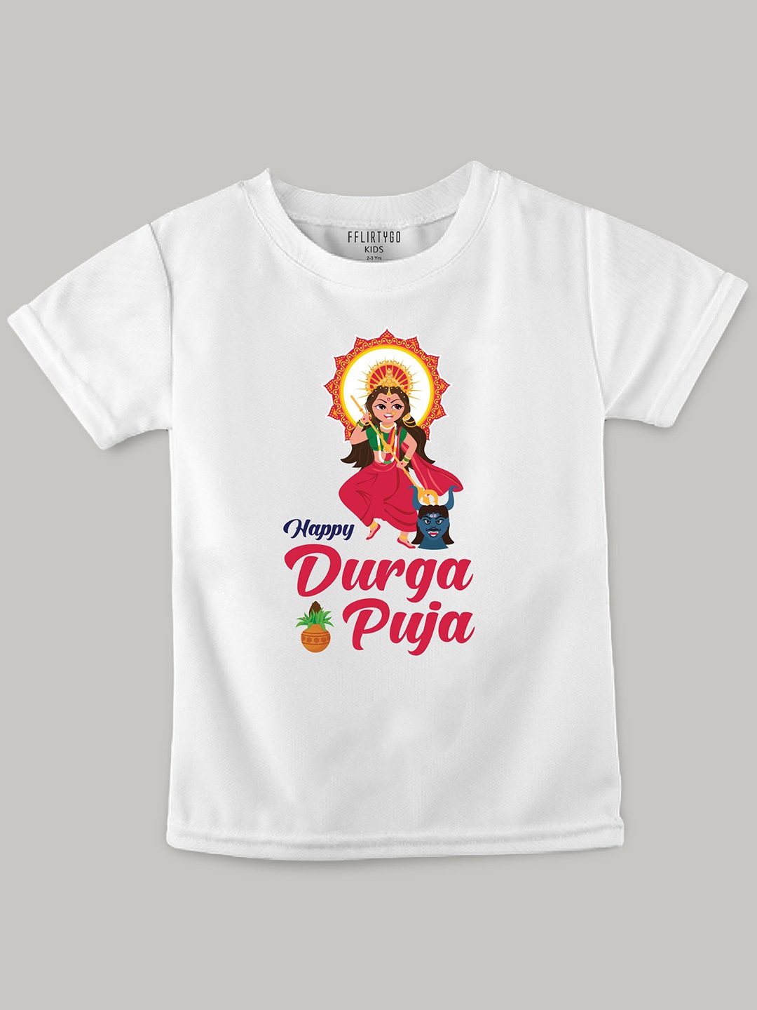

FFLIRTYGO Kids Durga Puja Graphic Printed Pure Cotton T-Shirt, White